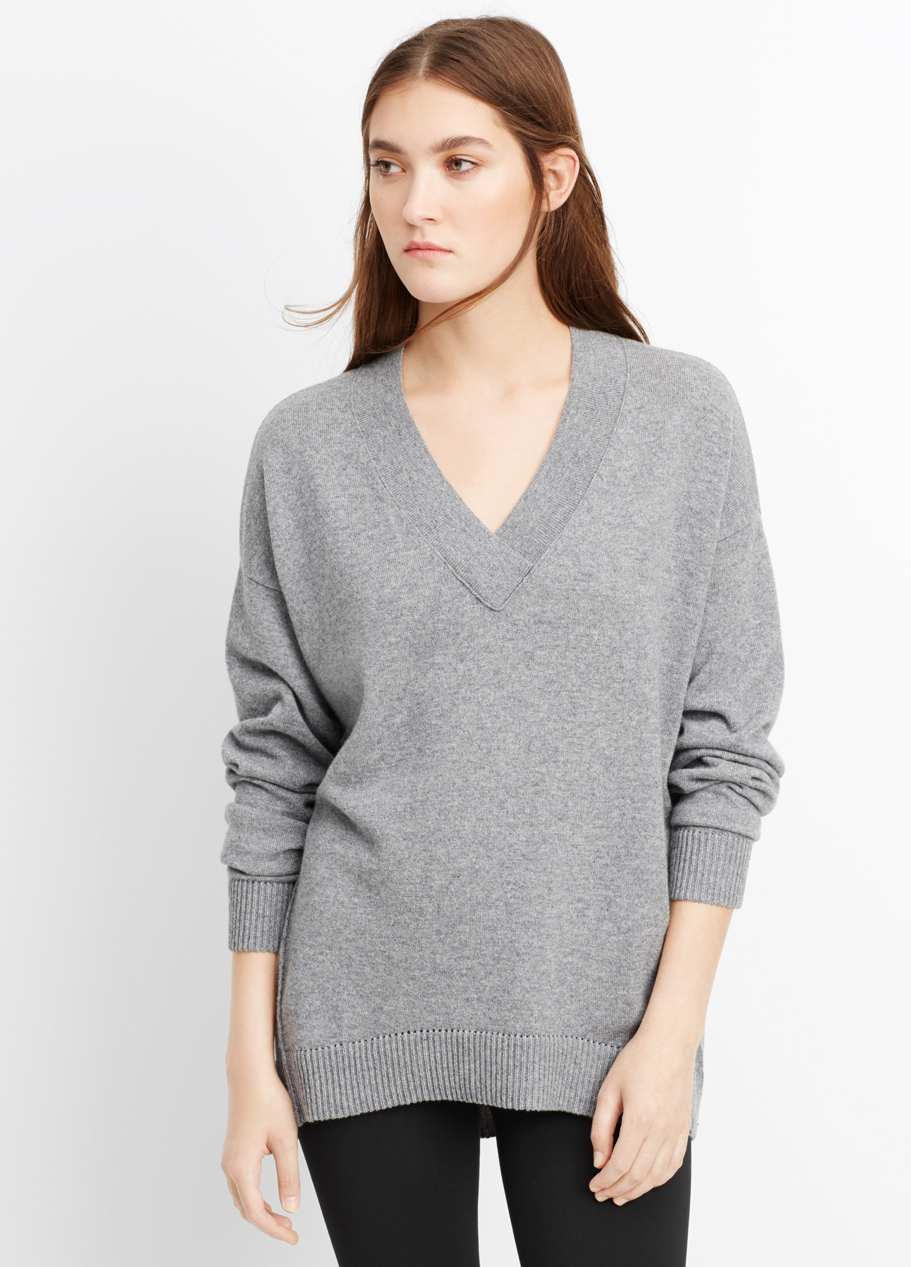 Vince Cashmere Pointelle Trim V-neck Sweater in Gray (H Stone) | Lyst