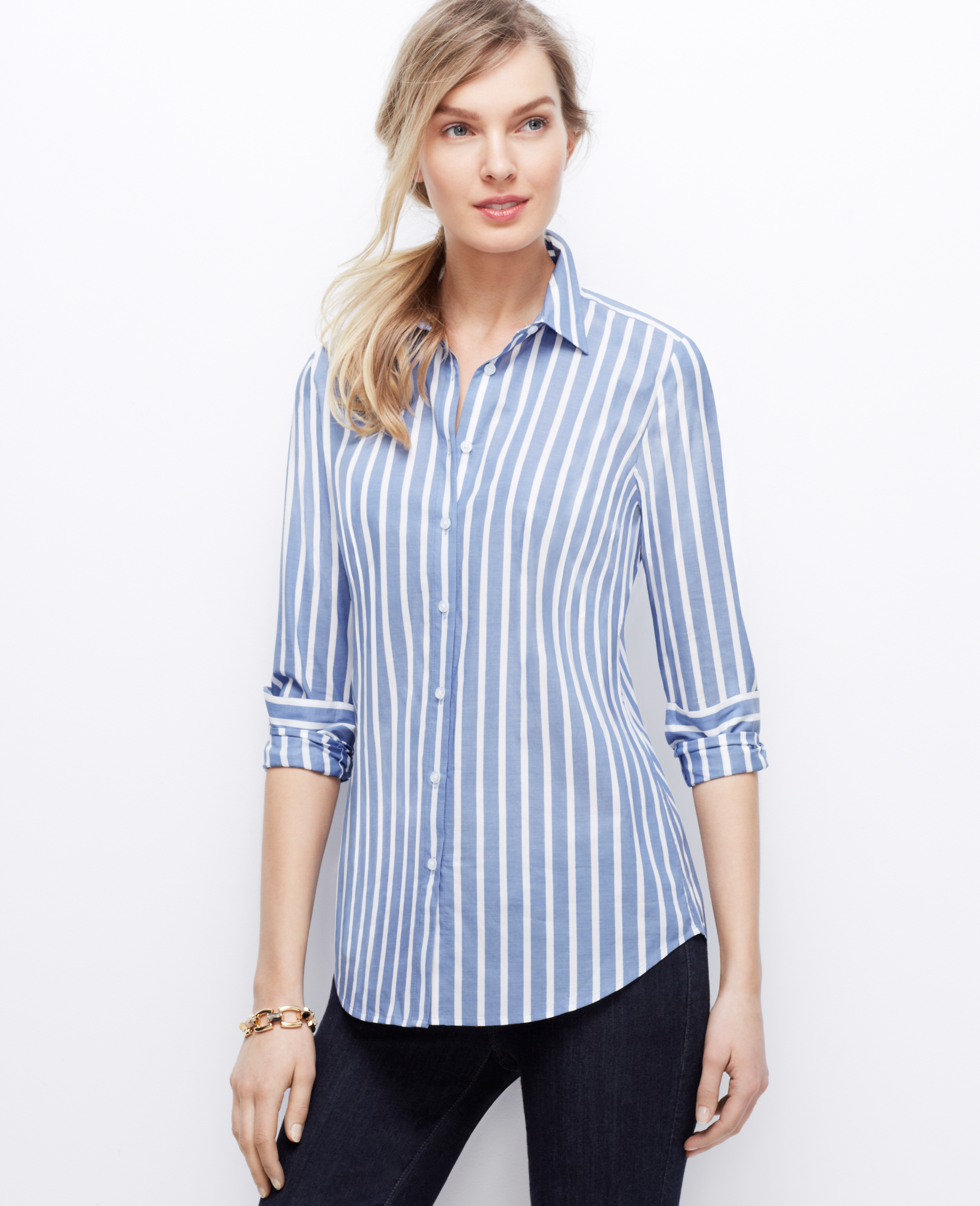 Ann taylor Striped Chambray Perfect Shirt in Blue | Lyst