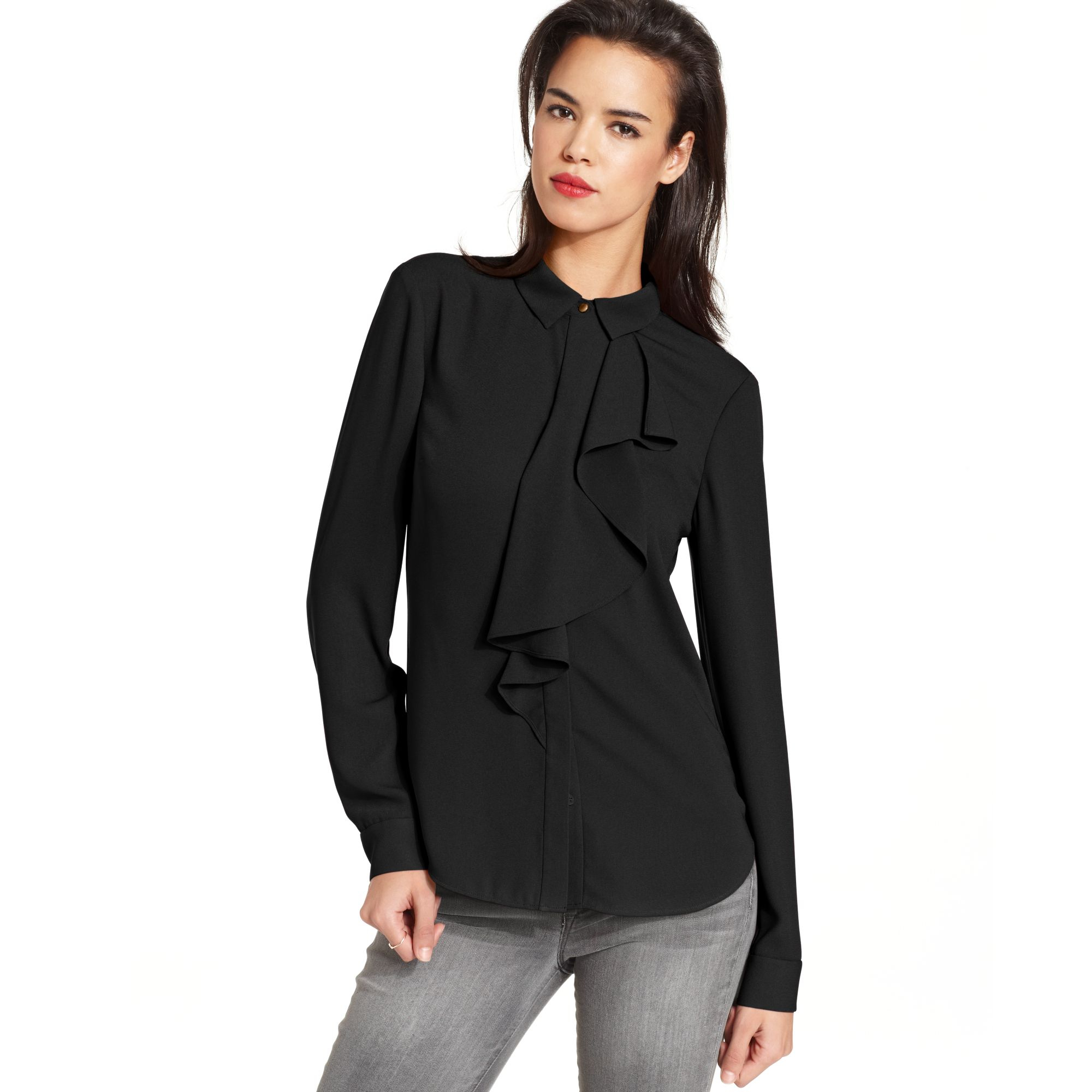 lyst roy top longsleeve highneck ruffle blouse in black lyst roy top longsleeve highneck ruffle blouse in black