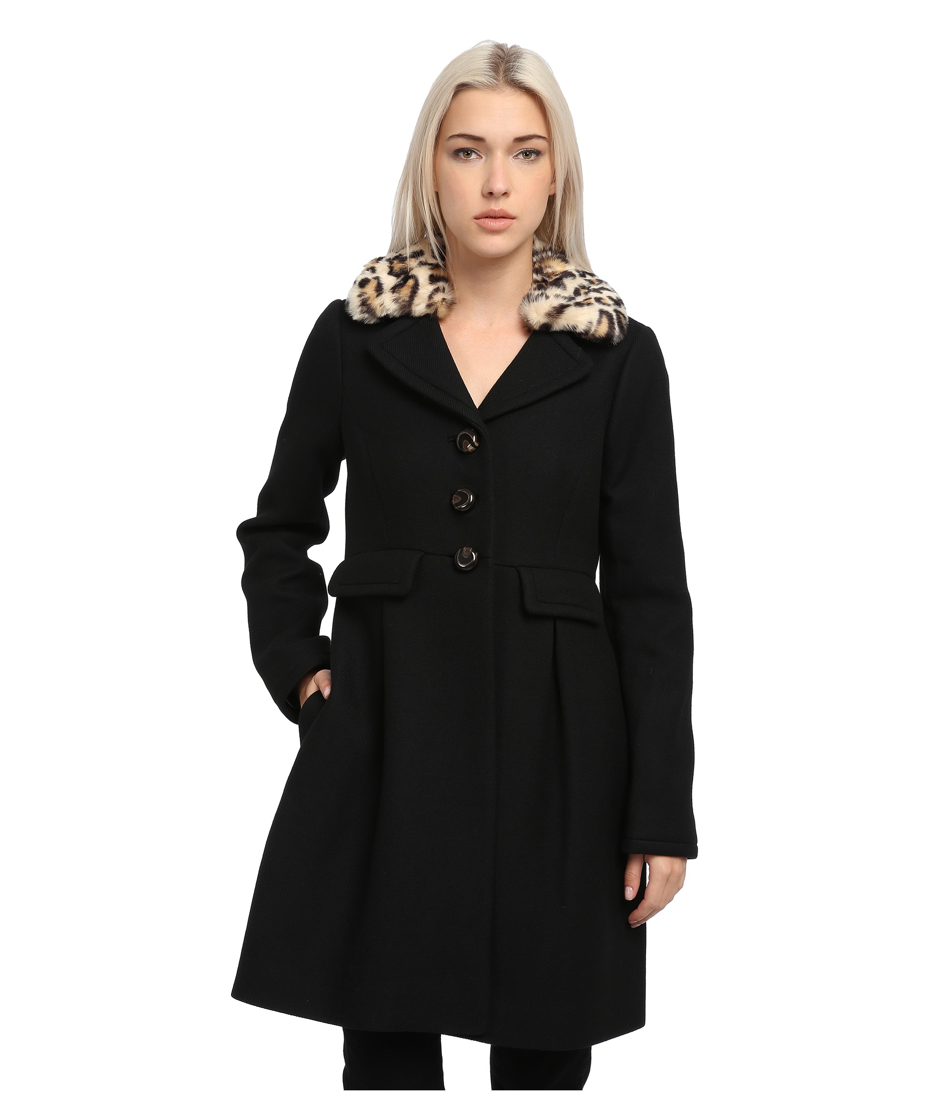 Kate spade new york Faux Fur Collar Dress Coat in Black | Lyst