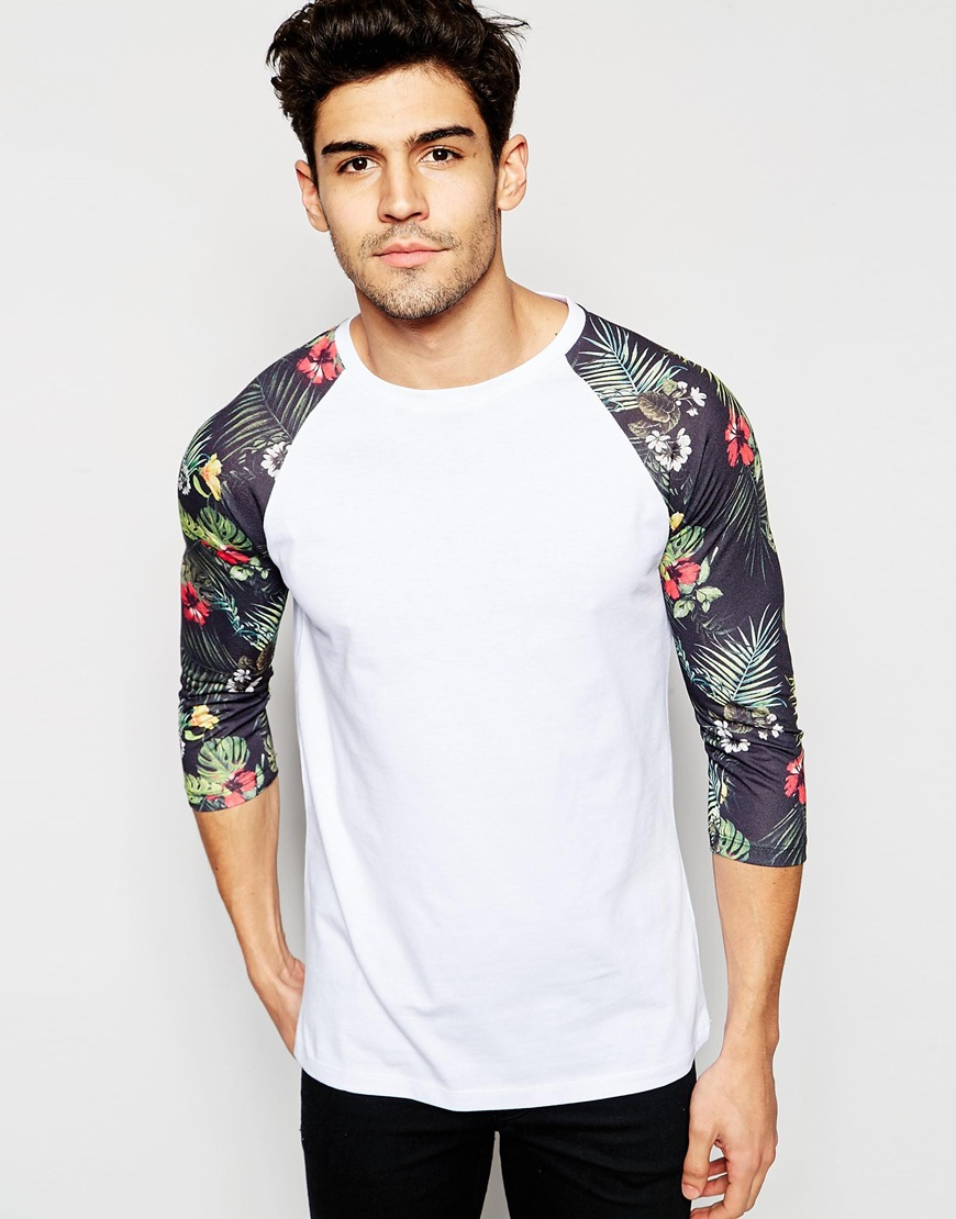 Asos 3/4 Sleeve T-shirt With Floral Print Sleeves - Black ...