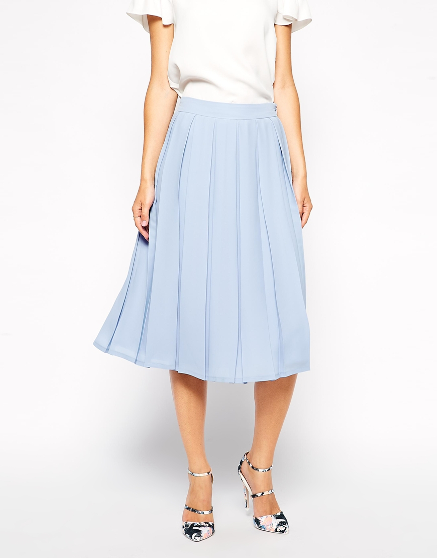 Asos Knife Pleat Midi Skirt in Blue (Paleblue) | Lyst