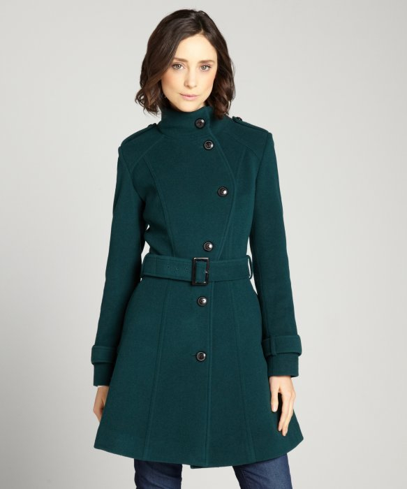 Lyst - Cole Haan Teal Asymmetrical Wool Blend Belted Button Front Coat ...