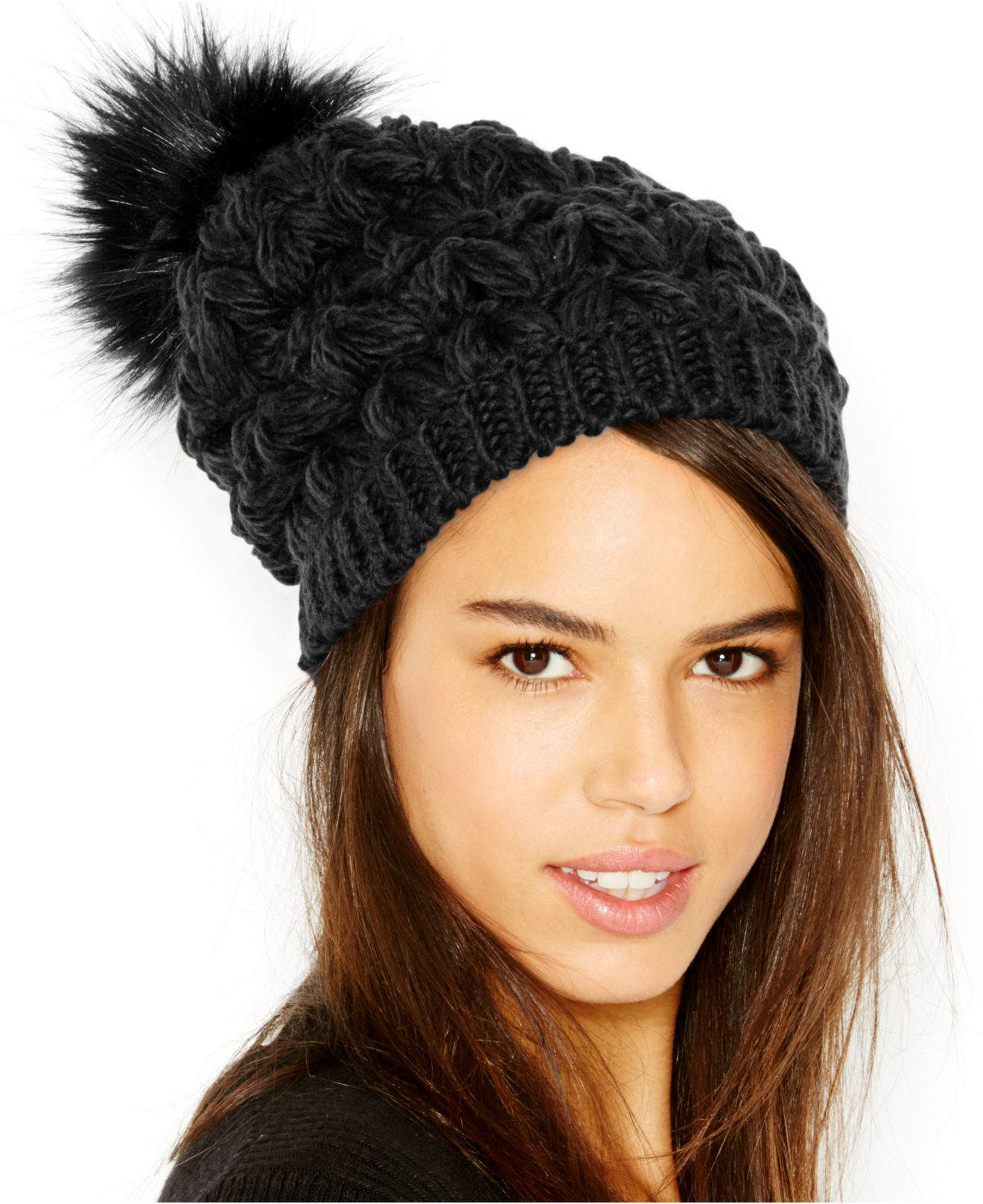 hat pom helene berman pom Beanie Fur  Solid Pom Faux  With Paint) Pom (Black Black in Lyst