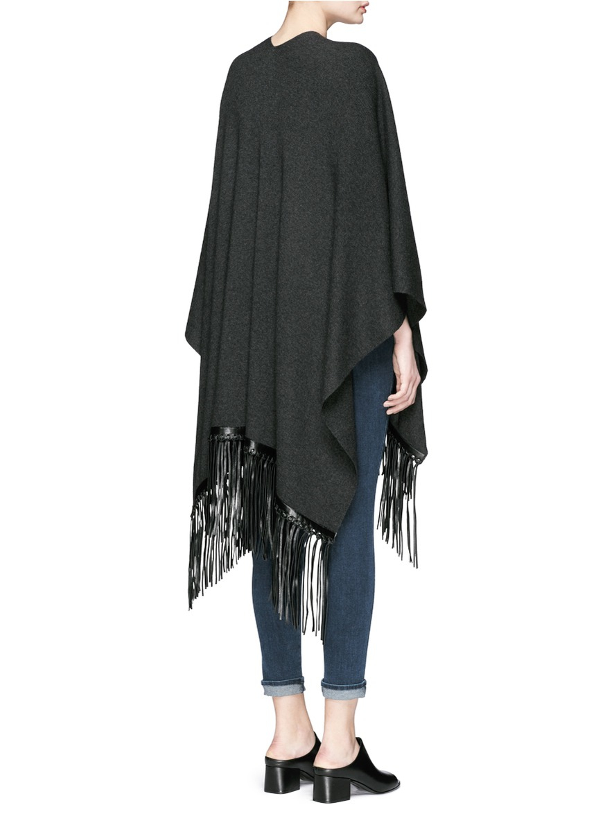 Vince Leather Fringe Wool-cashmere Knit Poncho in Gray | Lyst