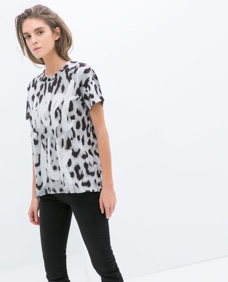 Zara Animal Print T-shirt in Animal (Black) | Lyst