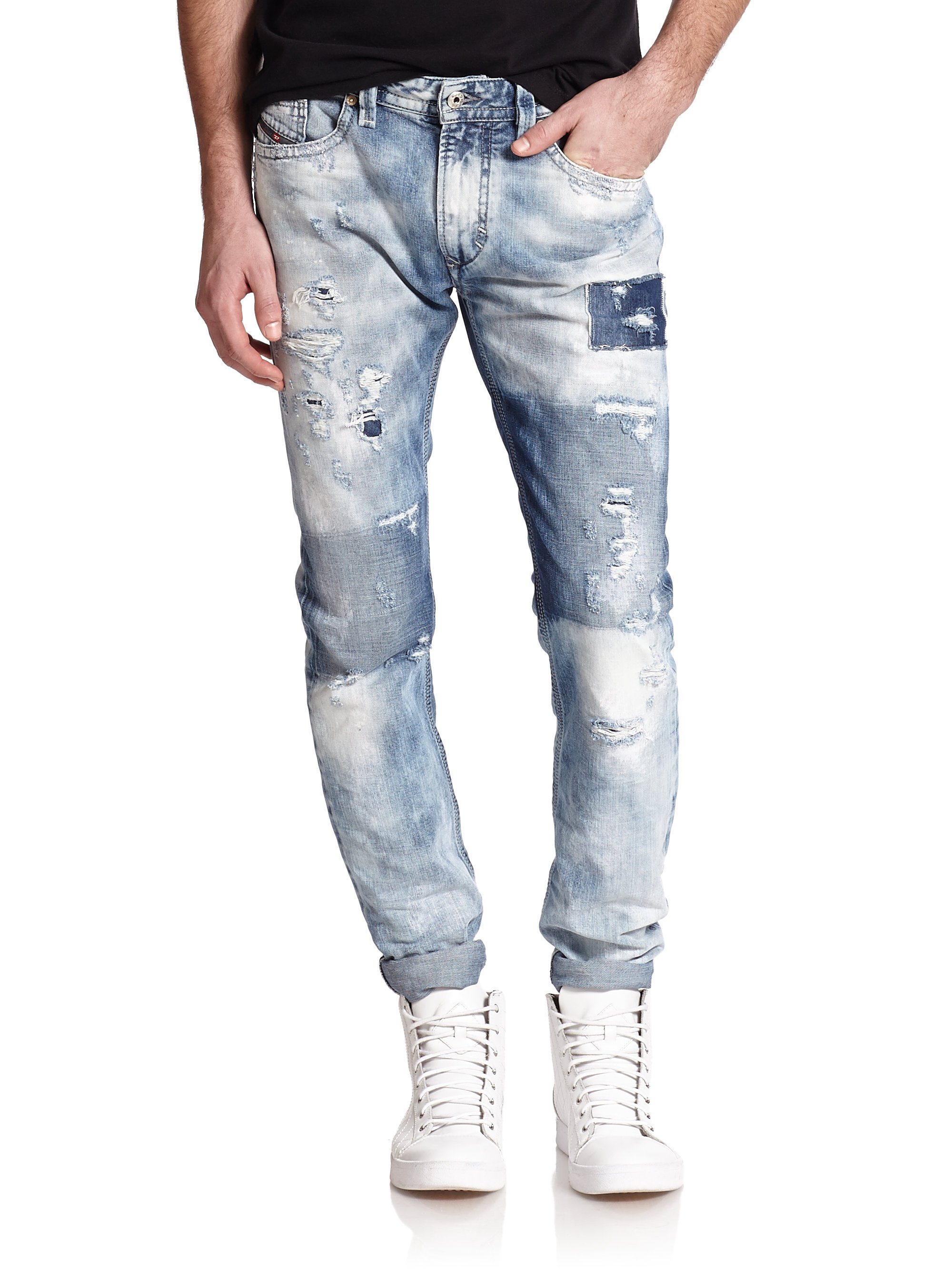 Lyst - Diesel Thavar Distressed Patchwork Slim-fit Jeans in Blue for Men