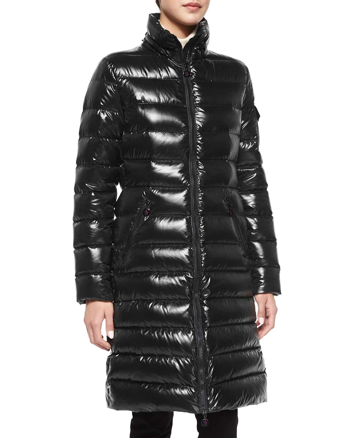 Moncler Moka Shiny Fitted Puffer Coat With Hood in Black | Lyst