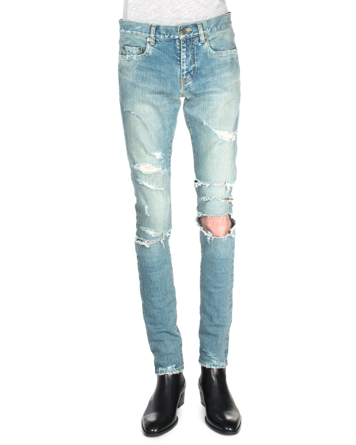 Saint laurent Trashed Rippedknee Denim Jeans in Blue for Men  Lyst