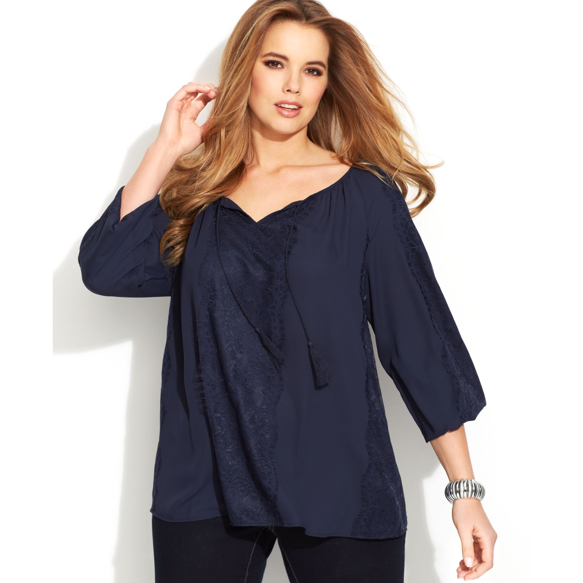 Lyst - Inc International Concepts Plus Size Lace Peasant Top in Blue