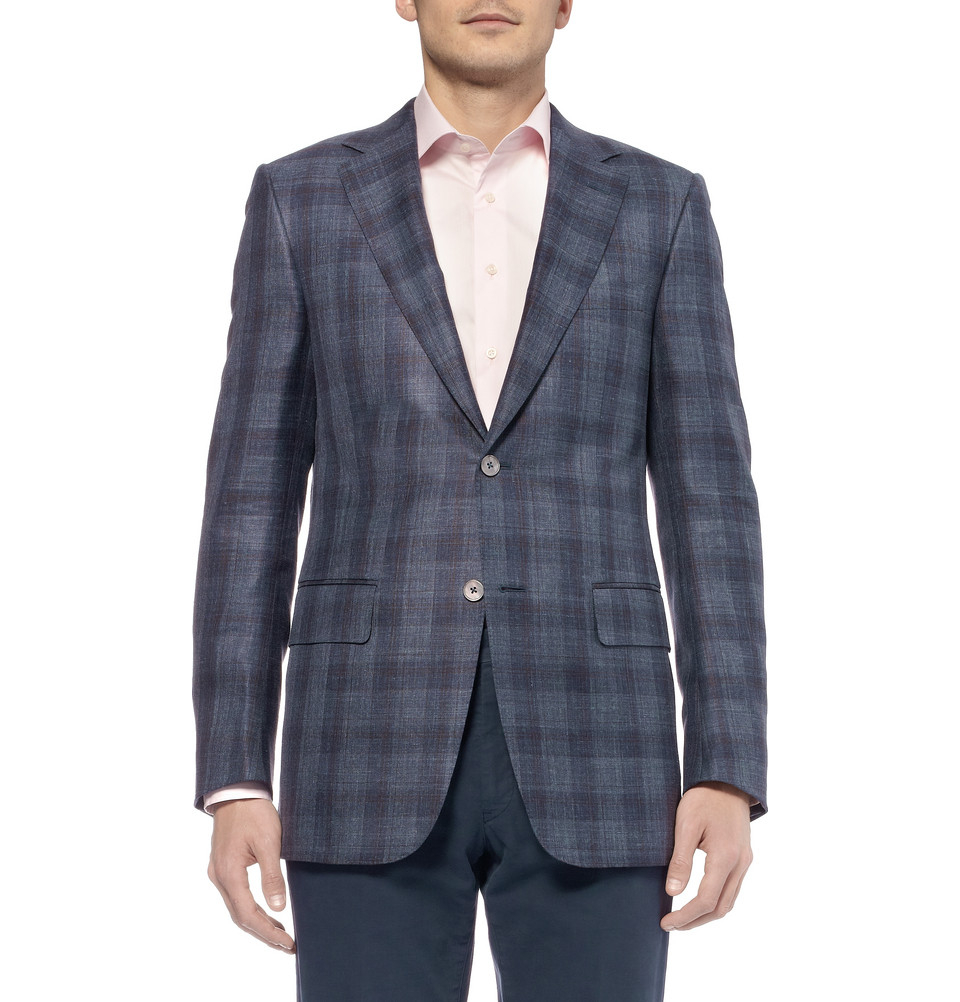 Dunhill Damien Slimfit Check Wool and Silkblend Blazer in Blue for Men ...