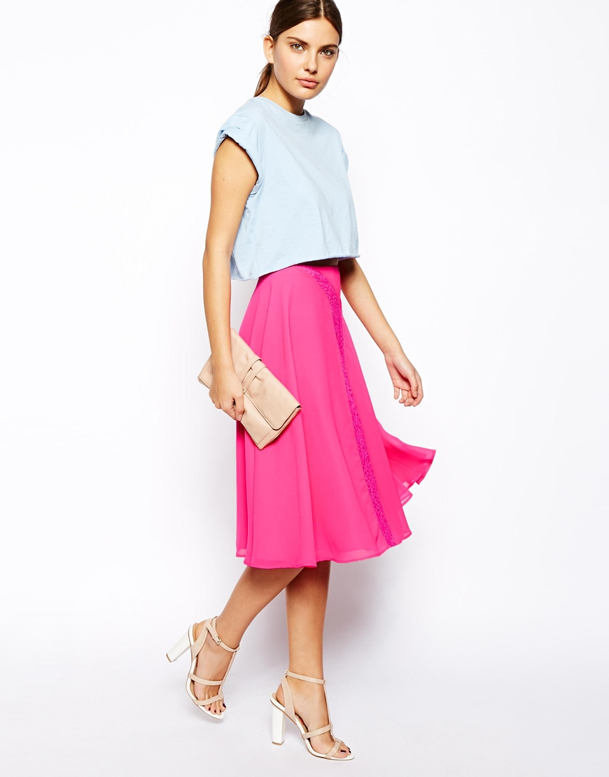 Lyst - Asos Midi Slip Skirt With Lace Inserts in Pink