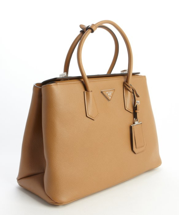 Prada Beige Leather Logo Stamp Top Handle Tote in Beige | Lyst  