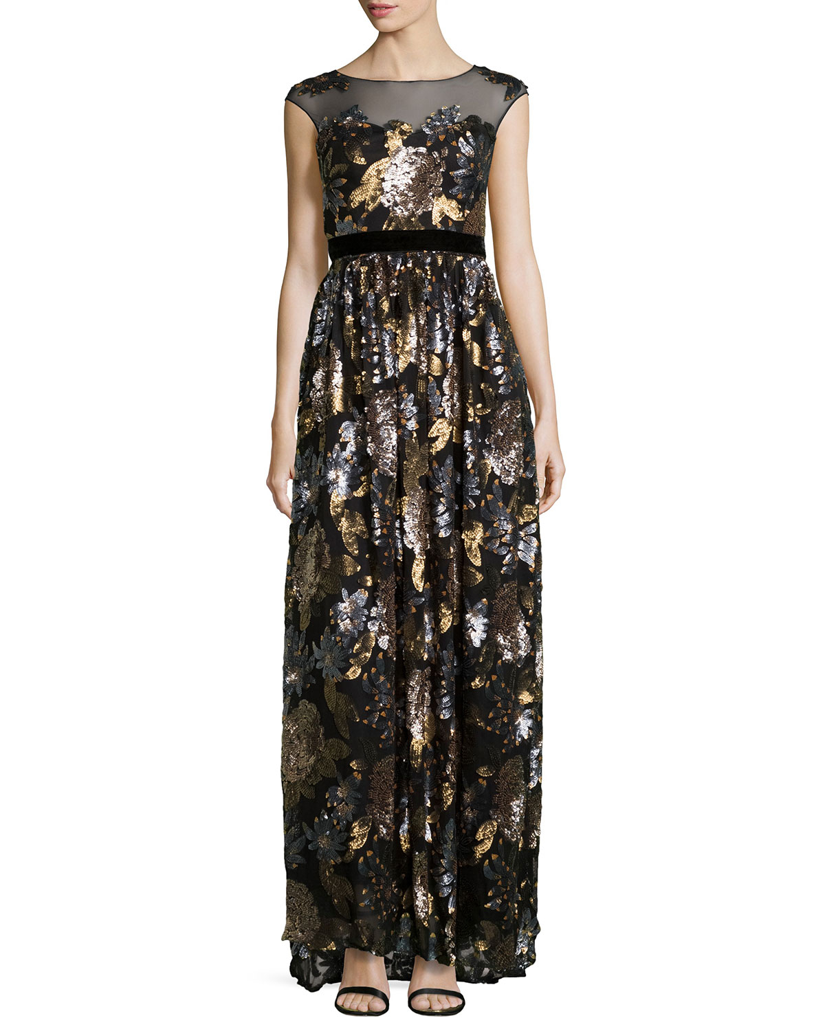 Lyst - Badgley mischka Floral-Sequined Sleeveless Gown in Metallic