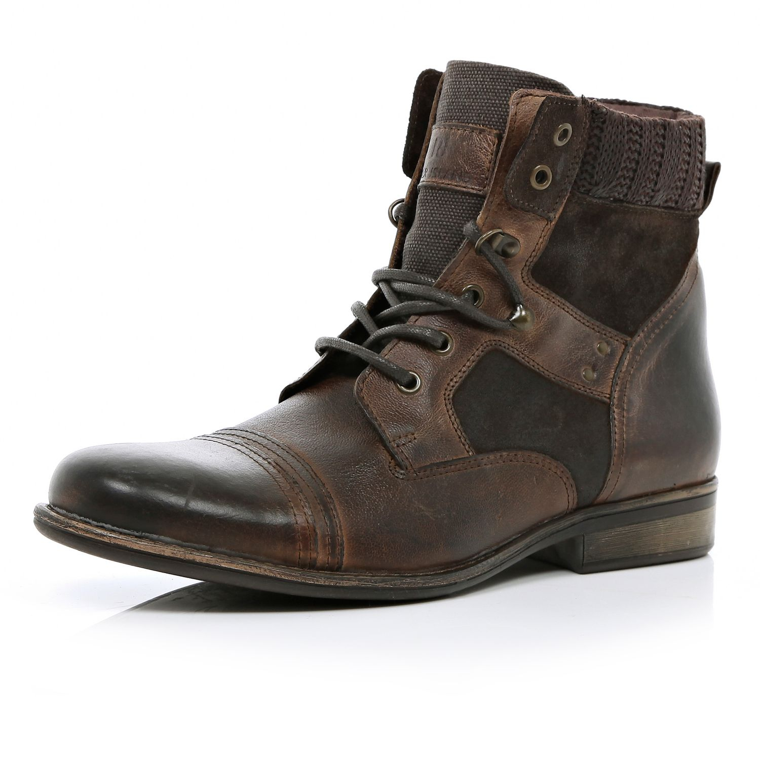 River island Dark Brown Contrast Panel Military Boots in Brown for Men ...