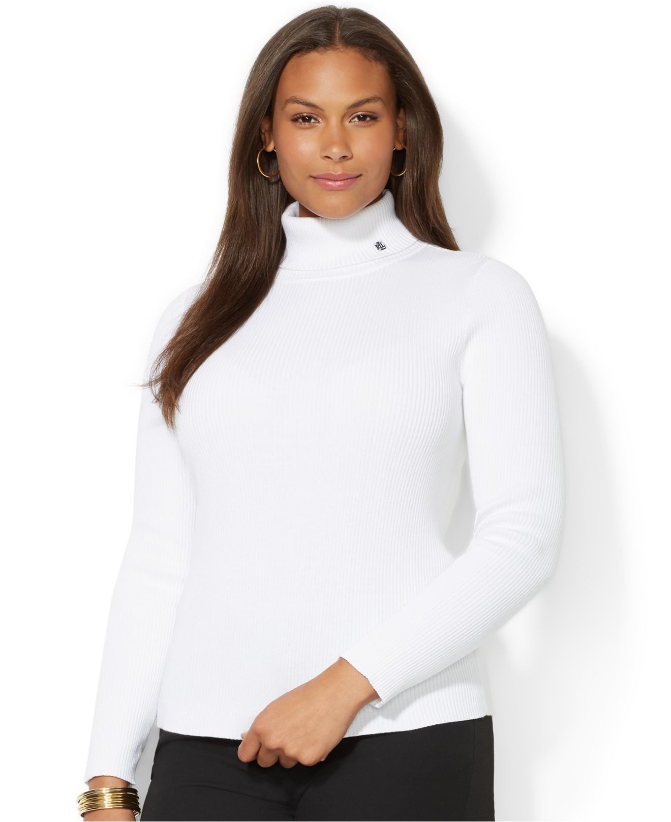 Lauren by ralph lauren Plus Size Ribbed Turtleneck Sweater in White | Lyst