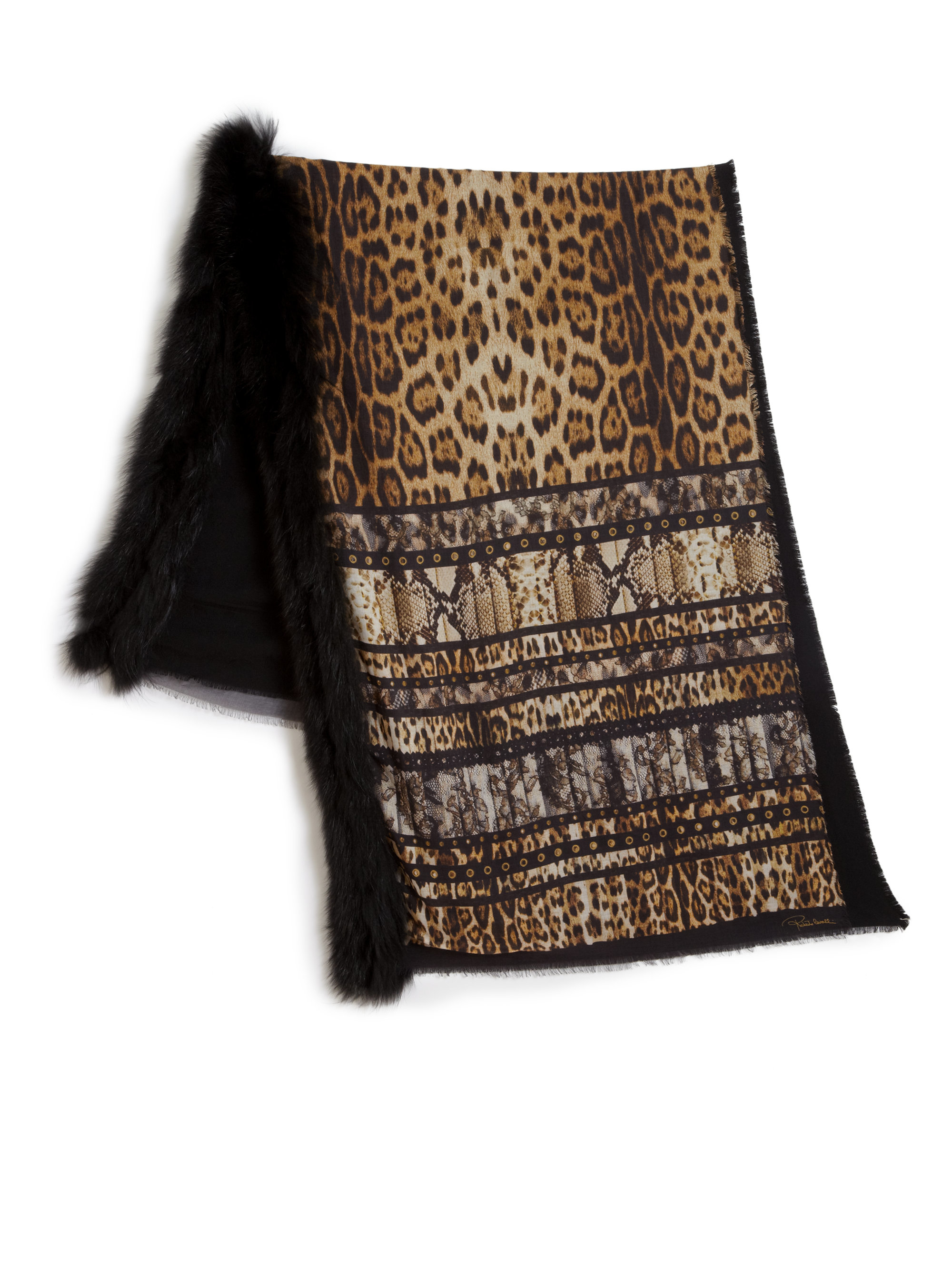 Lyst Roberto Cavalli Fur Trimmed Animal Print Wool Shawl In Black Gallery