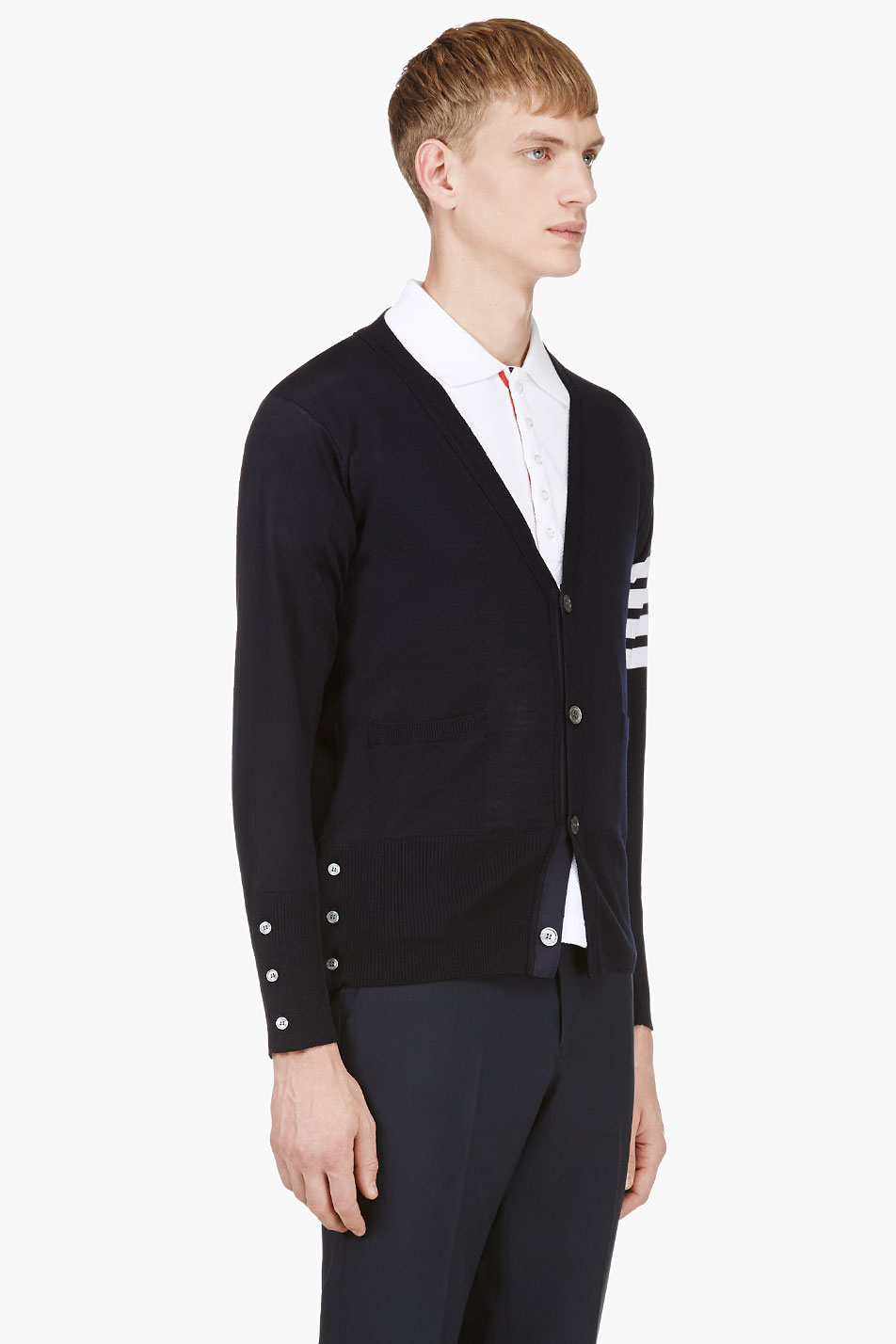 Lyst - Thom Browne Navy Wool Racer Stripe Cardigan in Blue for Men