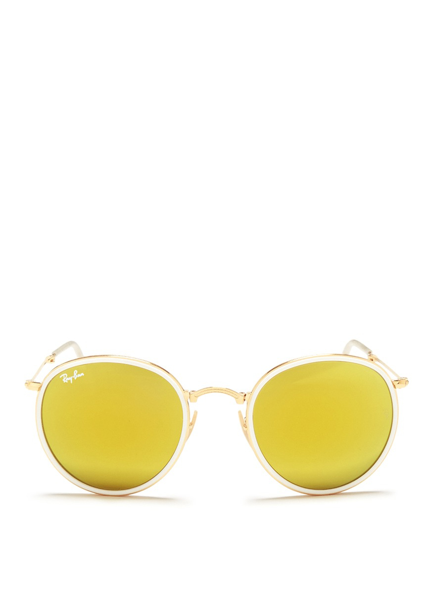 Lyst Ray Ban Round Folding Flash Mirror Sunglasses In Yellow