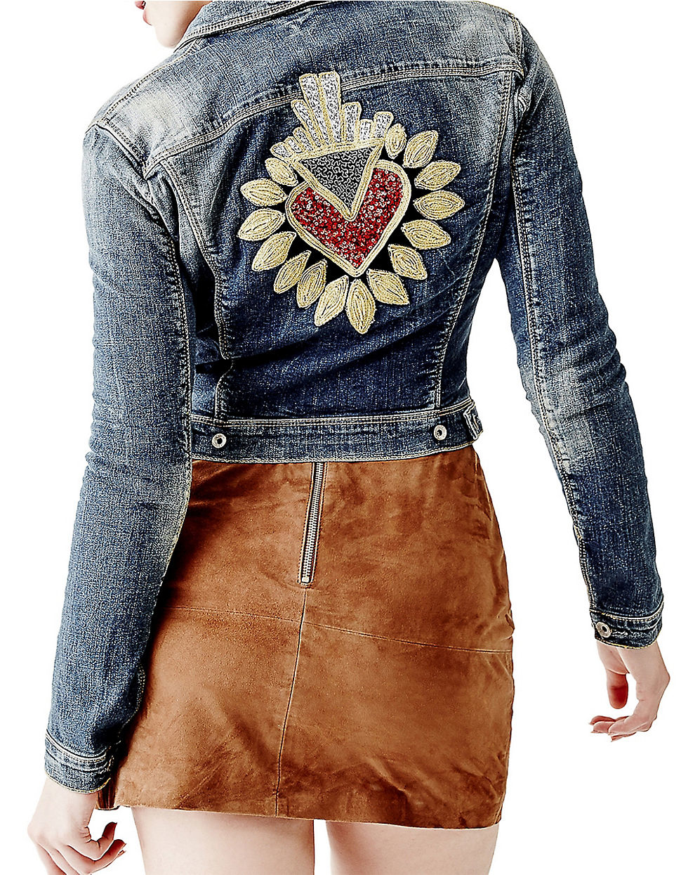 Lyst - Guess Cropped Embroidered Denim Jacket in Blue