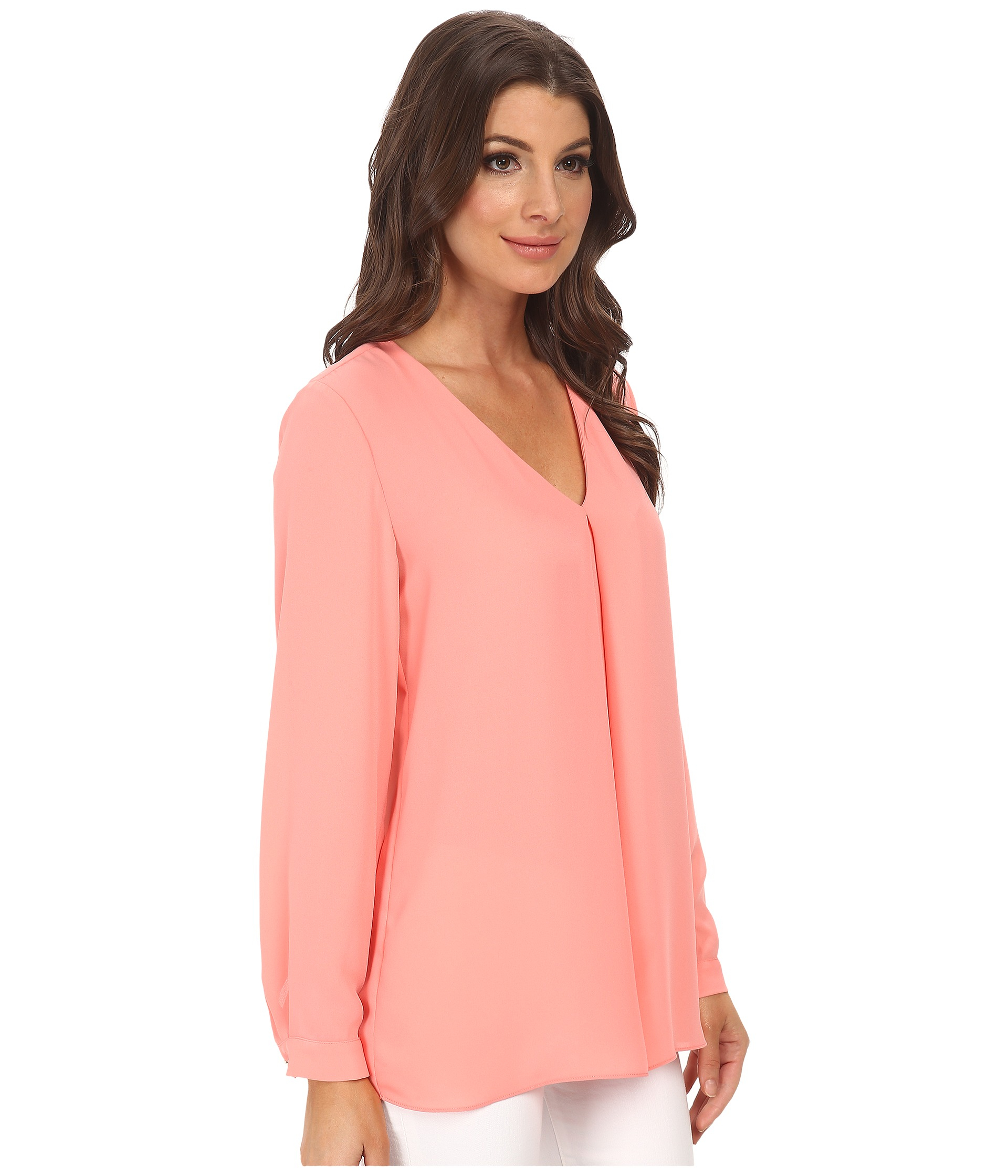 Vince Camuto Long Sleeve V Neck Blouse W Inverted Front Pleat In Pink Lyst 5605