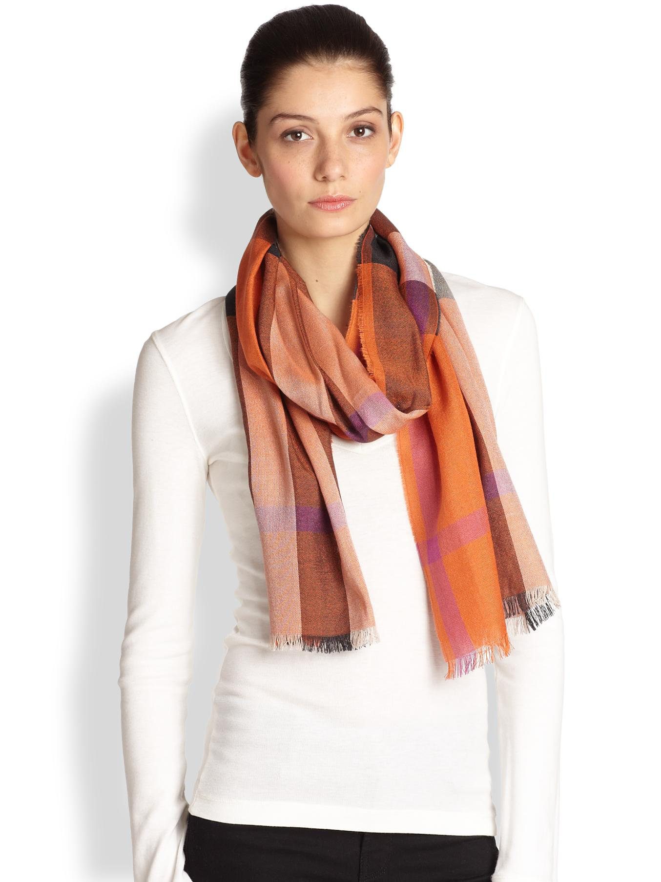 Lyst - Burberry Silk & Cashmere Scarf in Orange