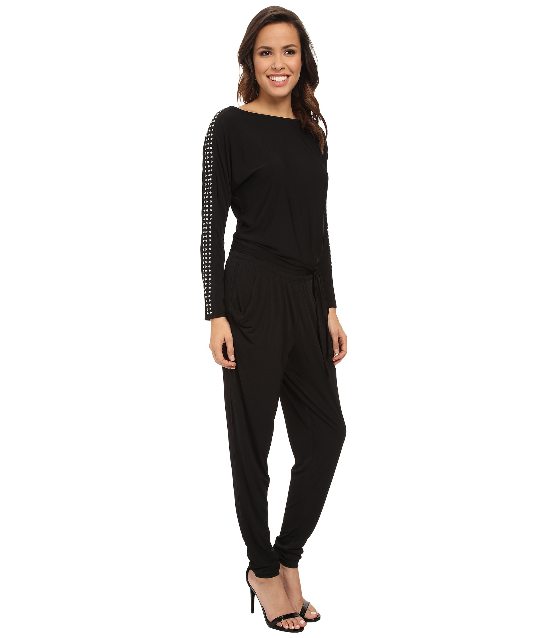 Michael michael kors Long Sleeve Studded Boatneck Jumpsuit in Black | Lyst