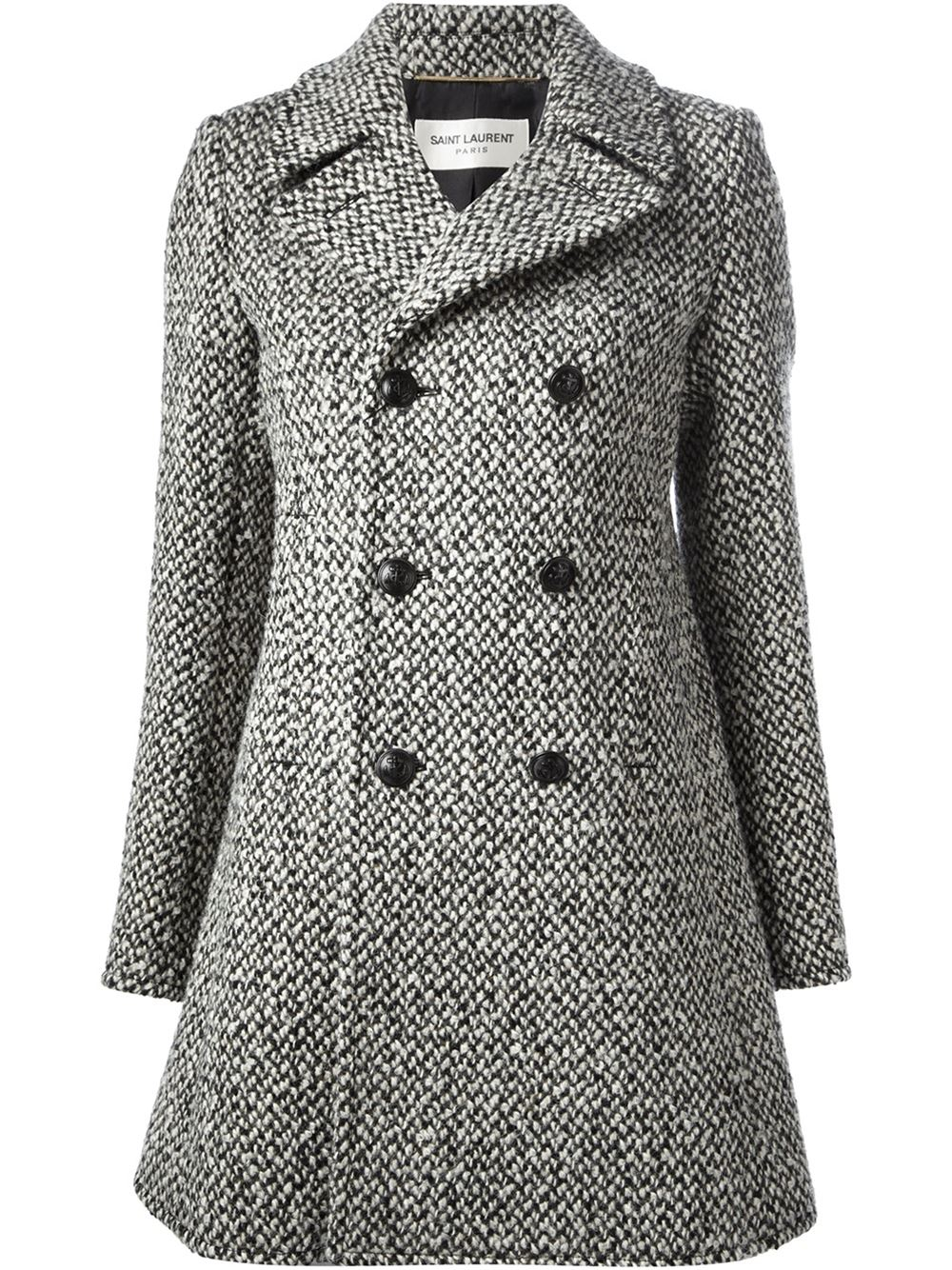 Saint Laurent Tweed Double Breasted Coat in Black | Lyst