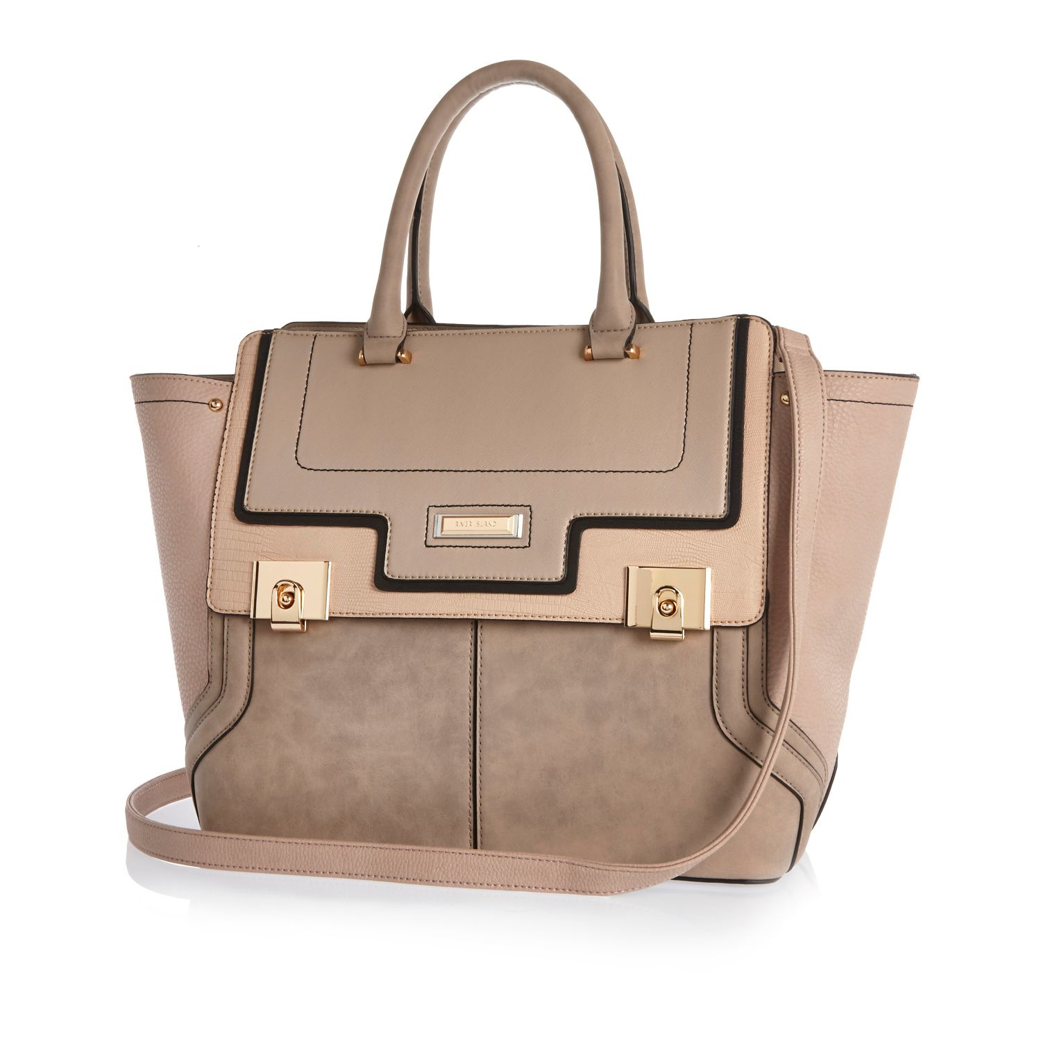 River Island Brown Paneled Double Lock Tote Bag in Brown - Lyst