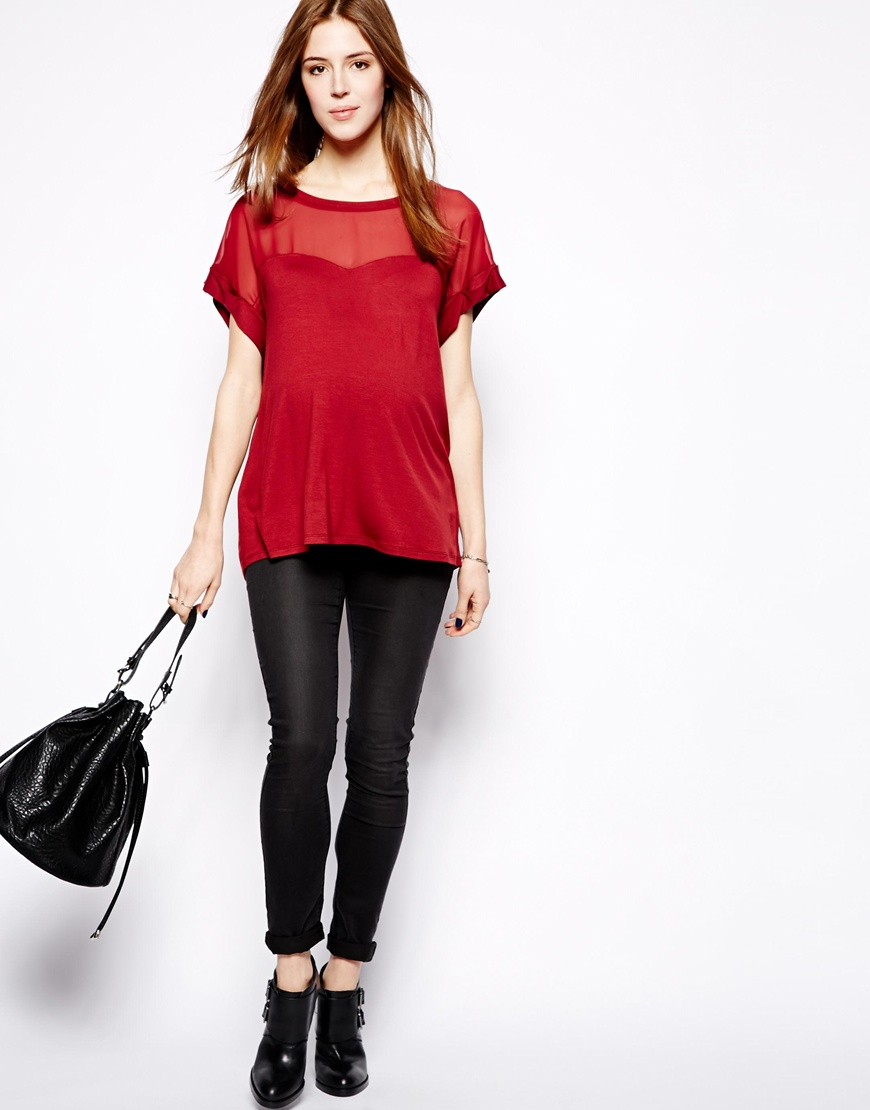 Lyst Asos Exclusive Sheer Panel Top in Red