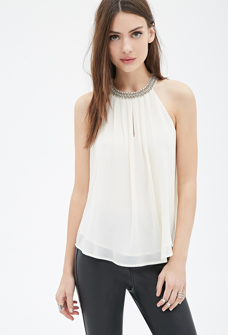 Lyst - Forever 21 Beaded Chiffon Halter Top in Natural