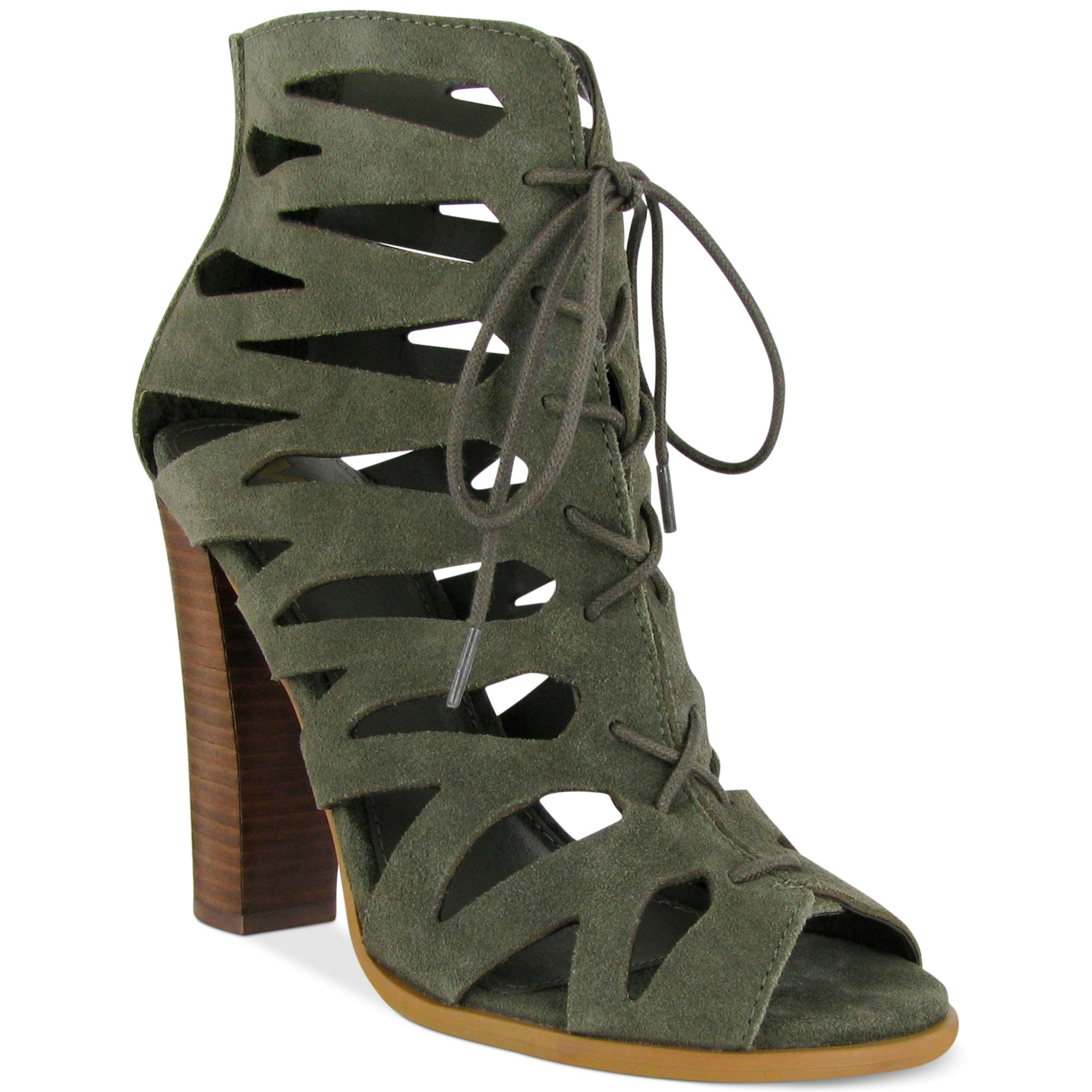 Mia Ira Lace Up Laser Cut Booties in Green (Spring Khaki) | Lyst