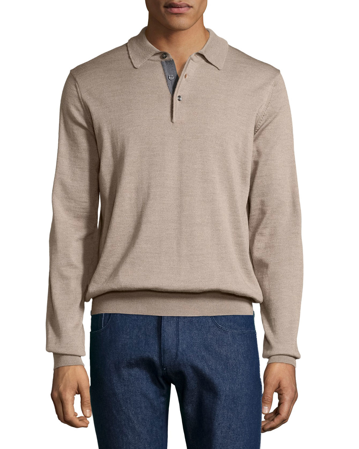 Lyst - Neiman Marcus Wool Long-sleeve Polo Shirt in Natural for Men