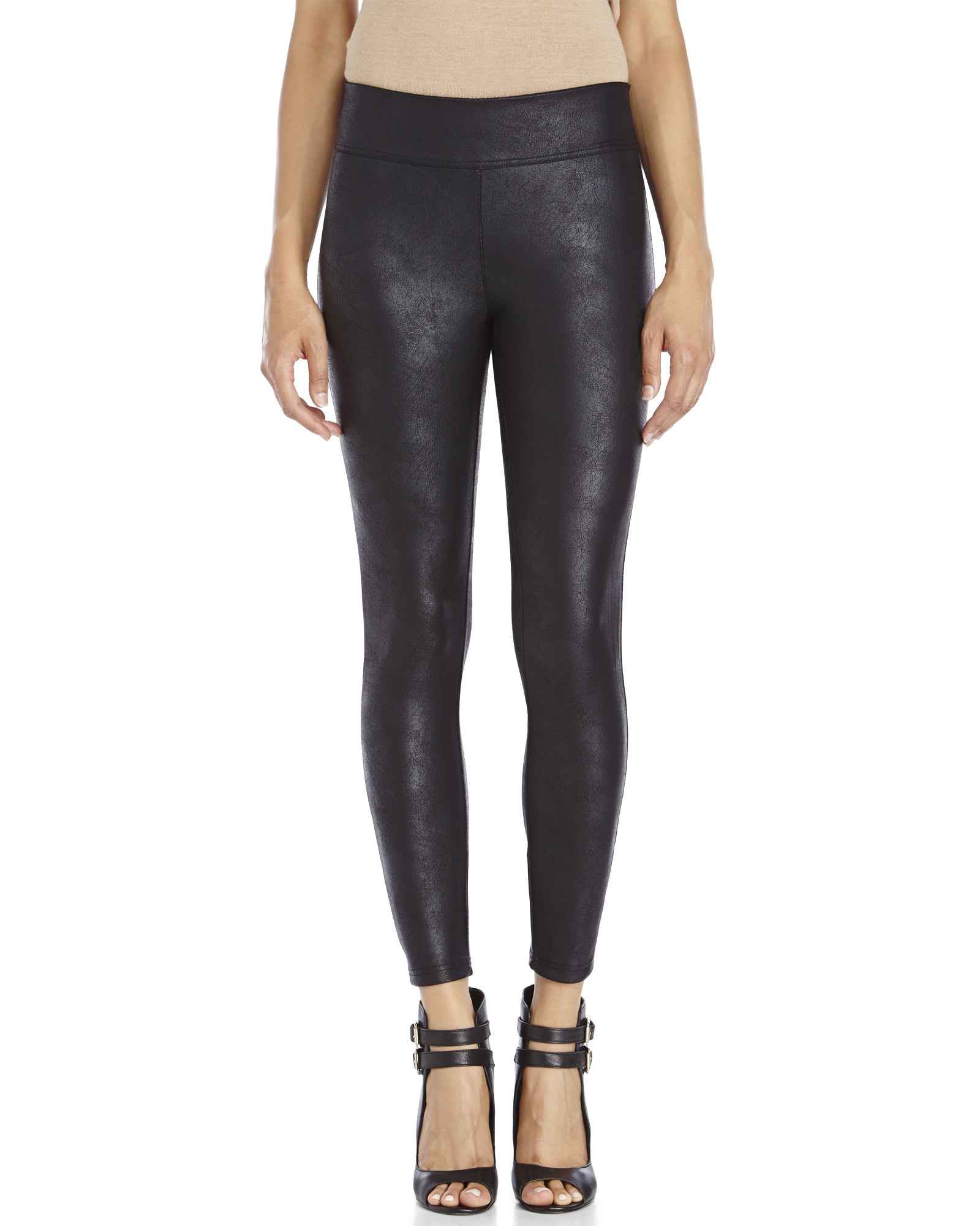 Lyst - Memoi Black Rugged Pleather High-Waisted Leggings in Black