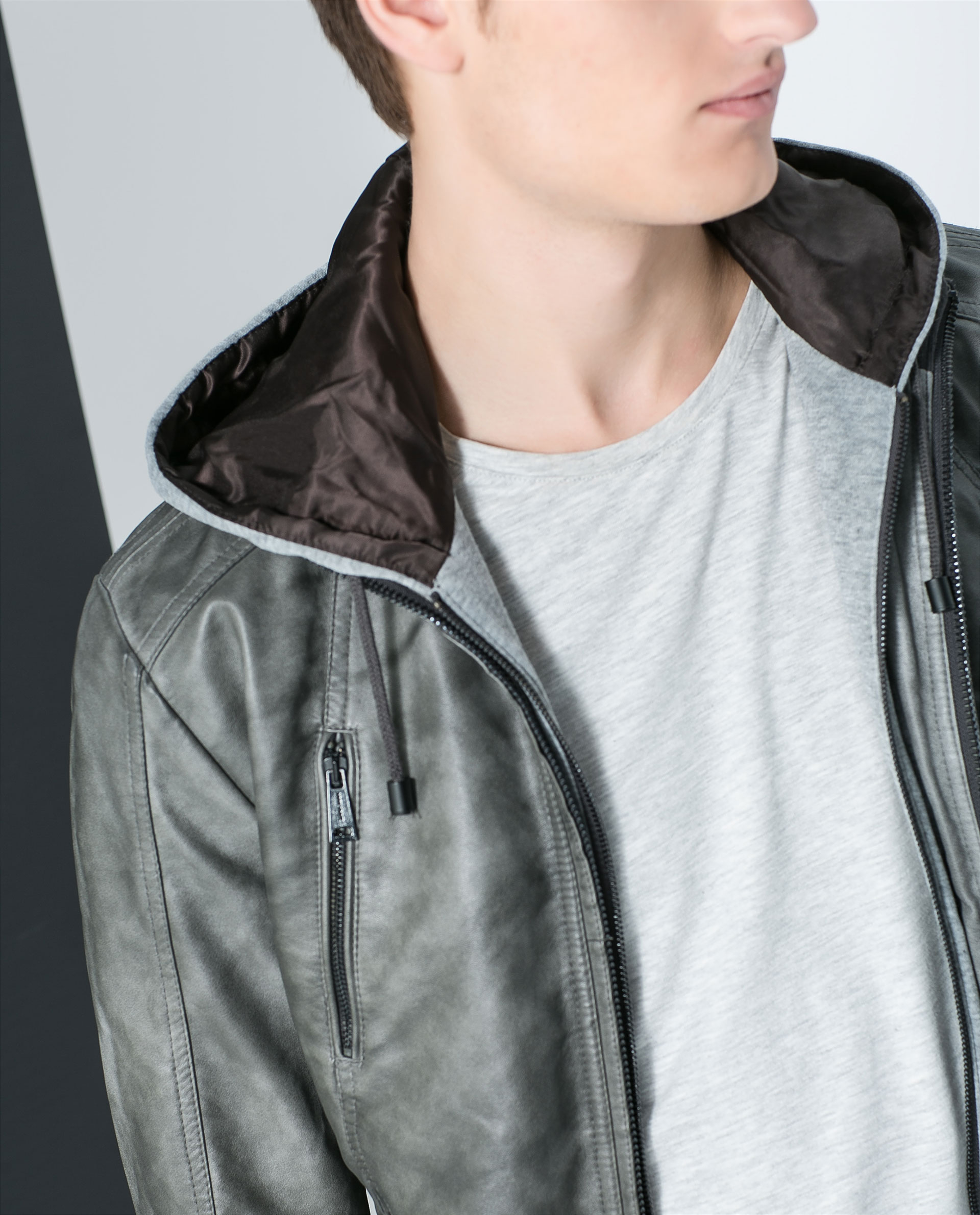 Zara Faux Leather Jacket with Marl Hood and Zips in Gray for Men Lyst