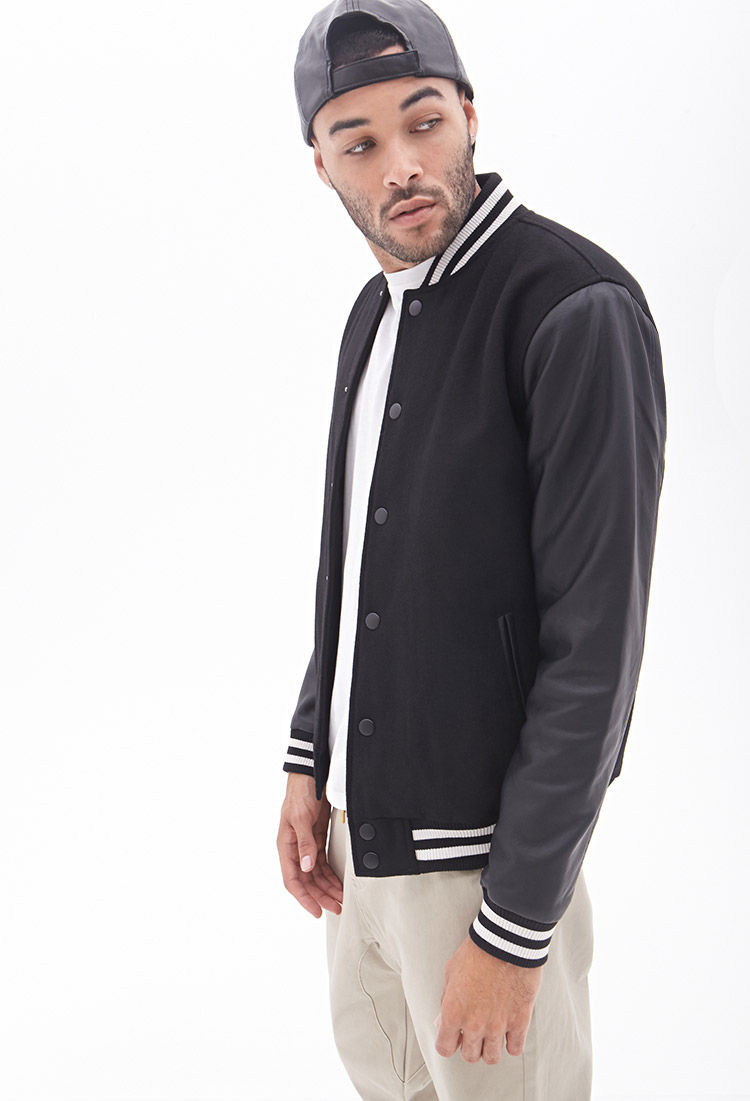 Forever 21 Faux Leather Varsity Jacket In Black For Men Lyst Gallery Men S Varsity Jackets