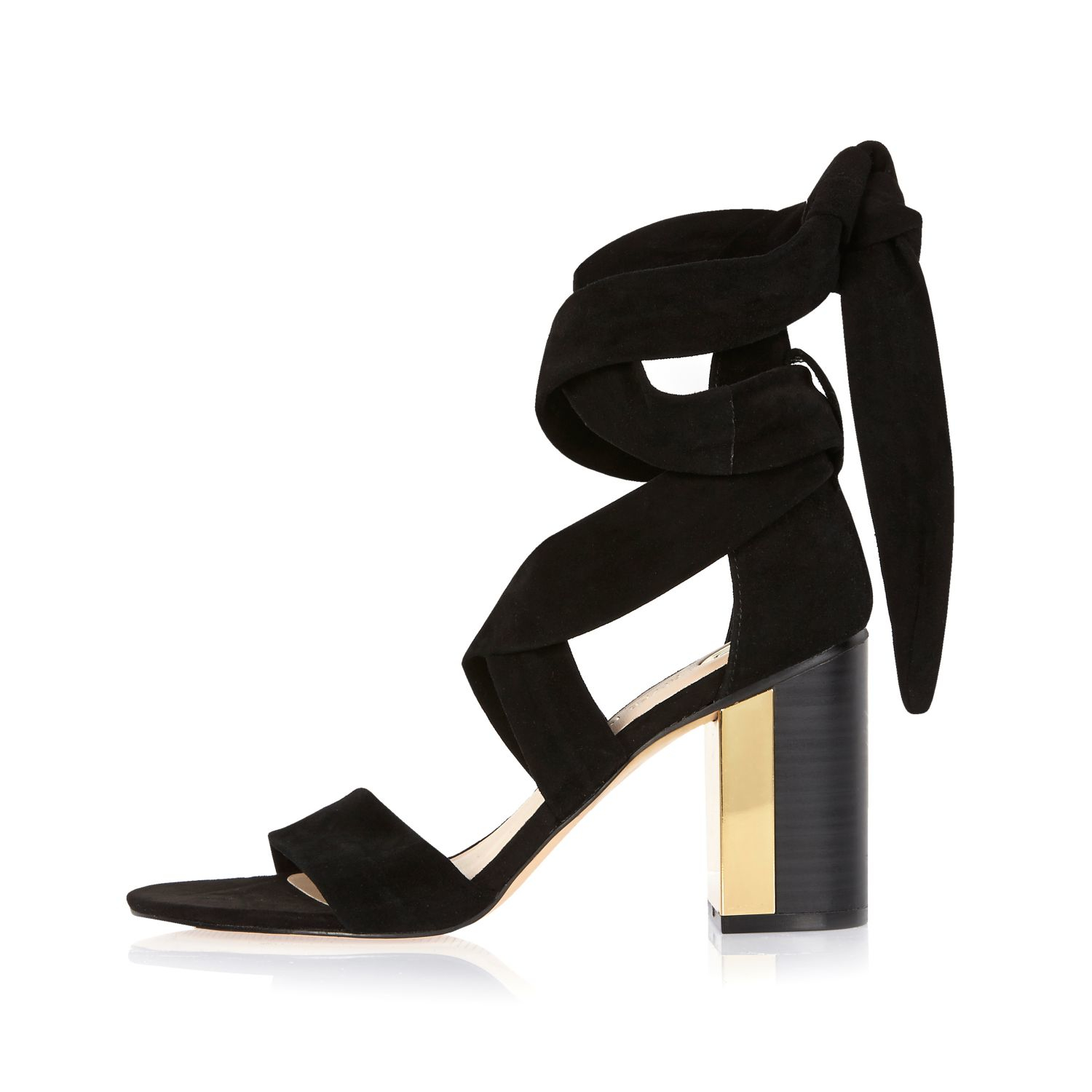 River Island Black Suede Wrap Block Heel Sandals Lyst