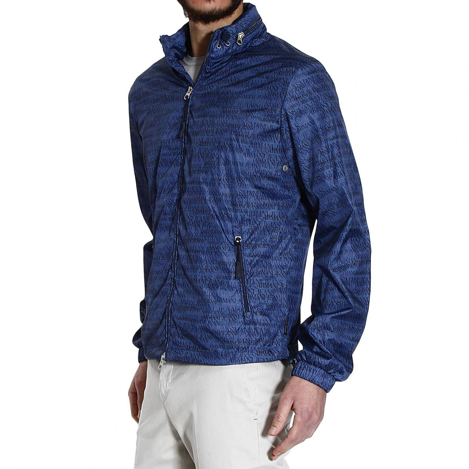 armani Down Jacket Giubbotto Bomber Nylon Logo All Over in Blue for Men Lyst
