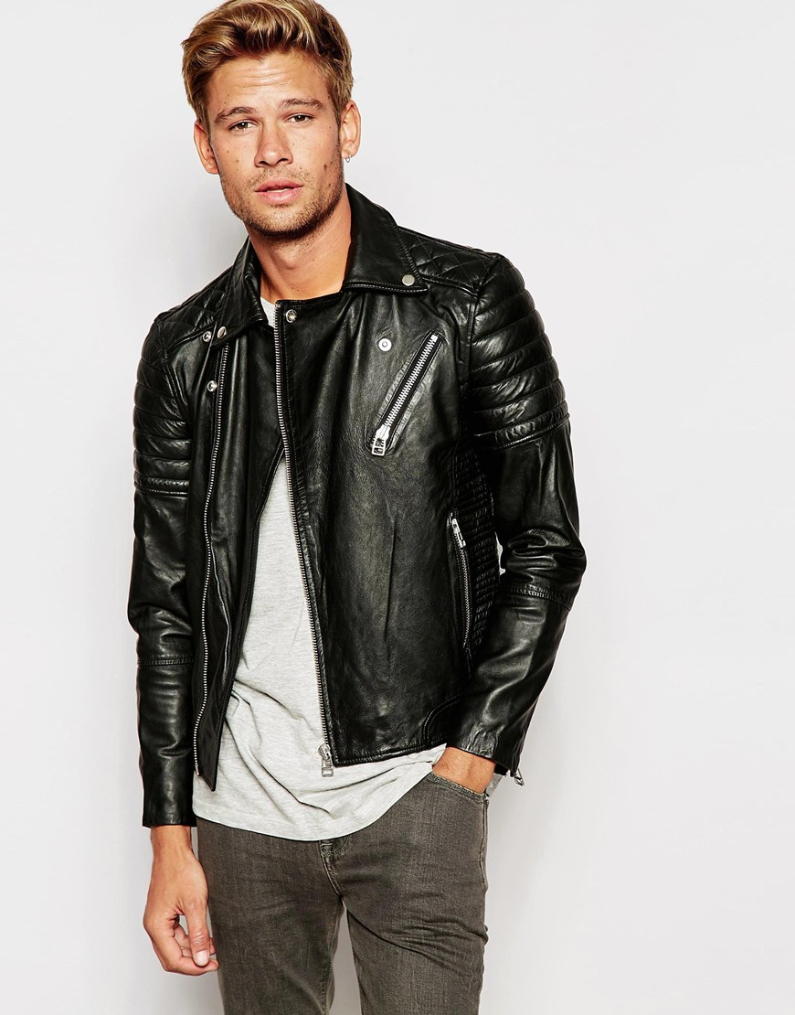 Lyst - Selected Leather Biker Jacket With Asymmetric Zip in Black for Men