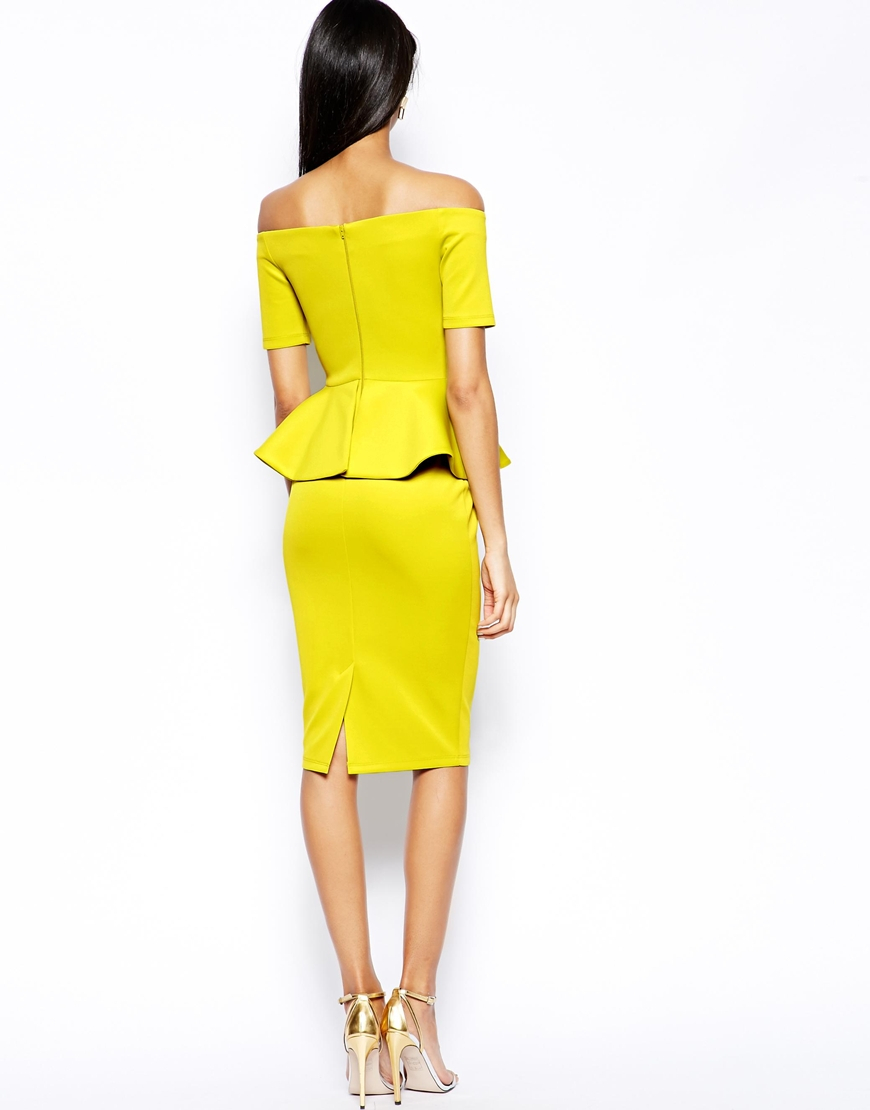 Lyst Asos Bardot Peplum Hem Midi Dress In Yellow 5727