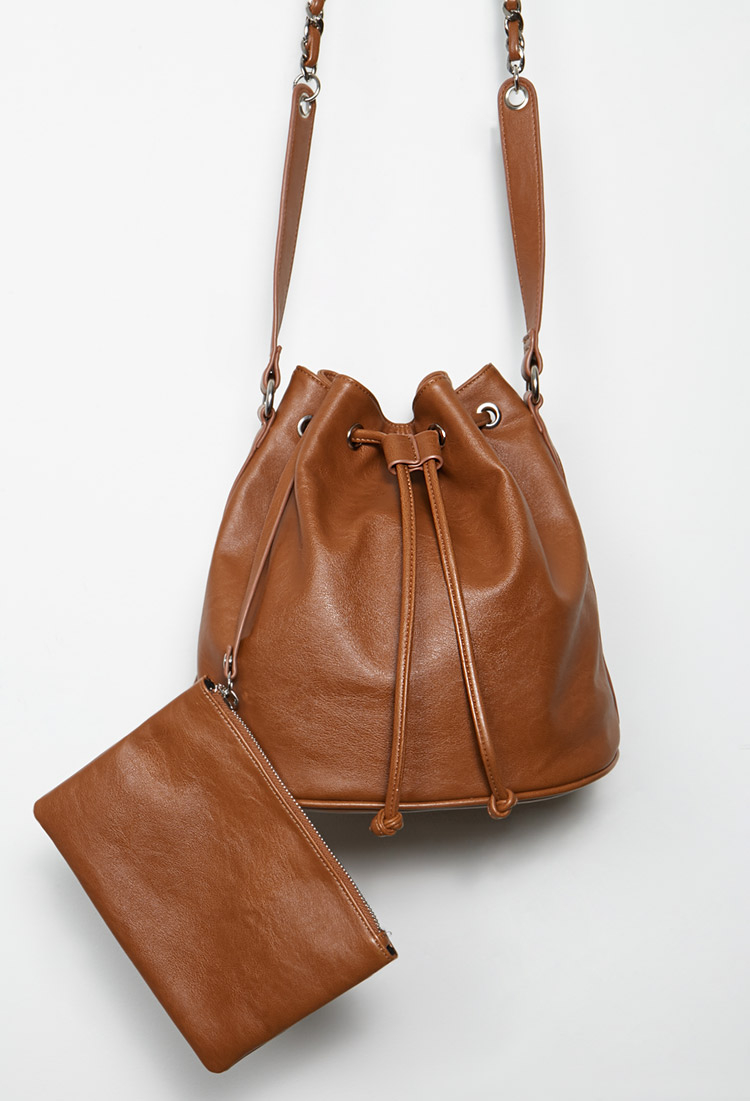 Forever 21 Faux Leather Drawstring Bucket Bag In Brown Lyst Gallery