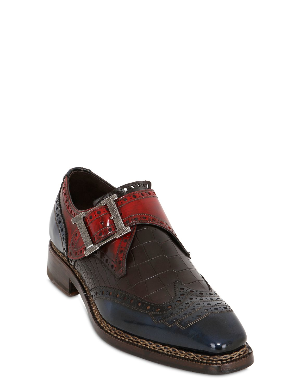 Harris Croc  Embossed Leather  Monk Strap Shoes in Blue for 