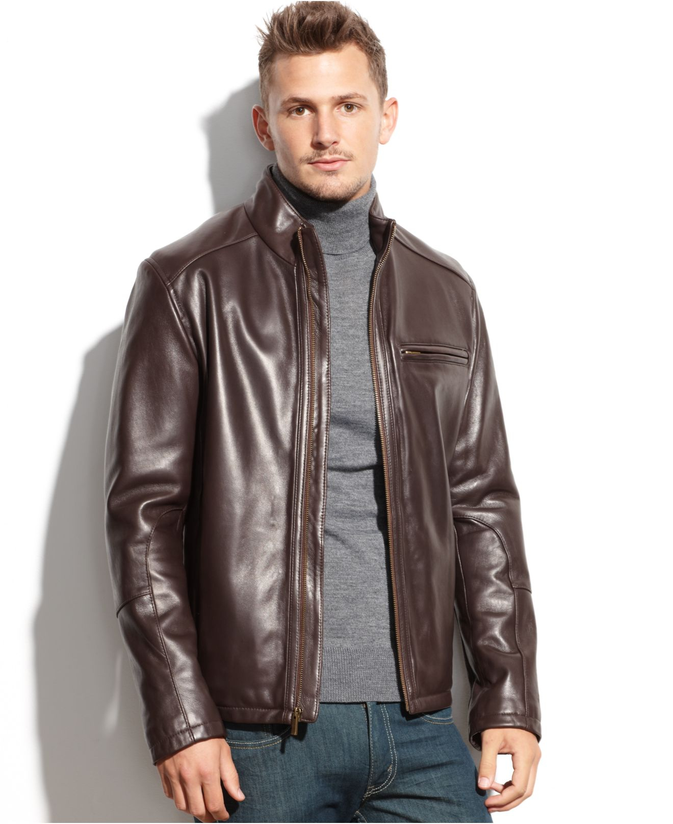 Cole haan Smooth Leather Jacket in Brown for Men | Lyst