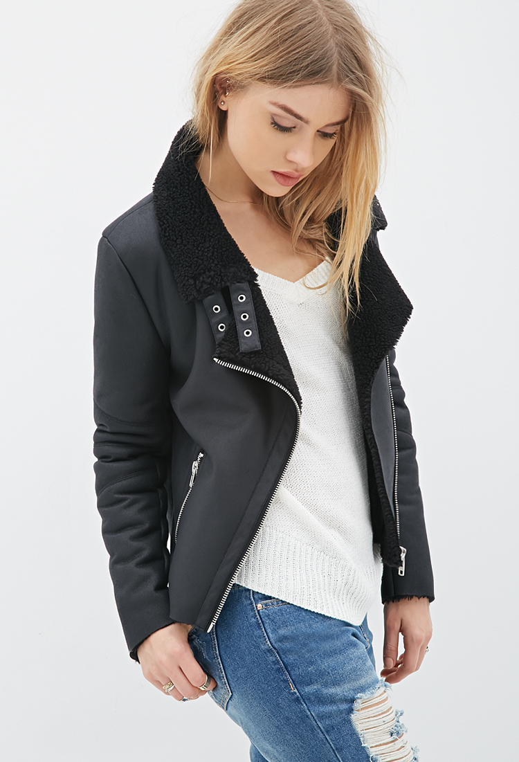 Forever 21 Faux Shearling Lined Moto Jacket In Black Lyst Gallery Women S Vest Jackets Fur