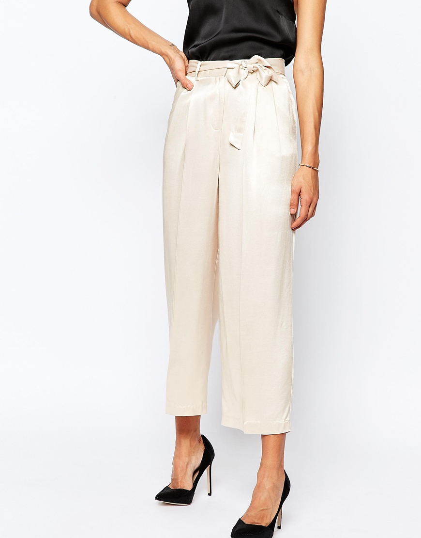 Asos Premium Satin Culotte Suit Trousers in Beige (Cream) | Lyst