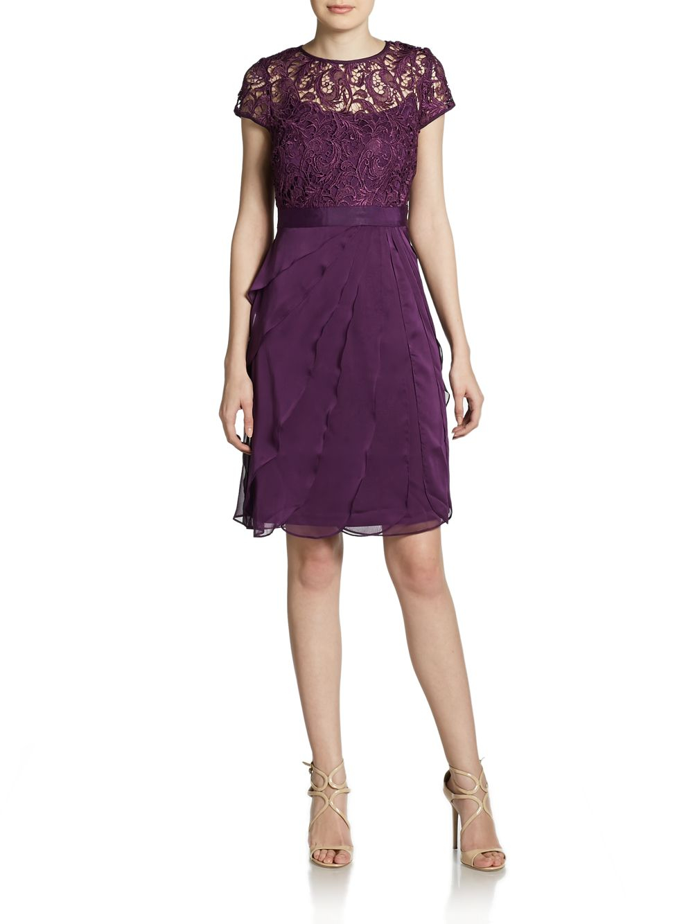 Adrianna Papell Lace Shortsleeve Flutter Dress in Purple (eggplant) | Lyst