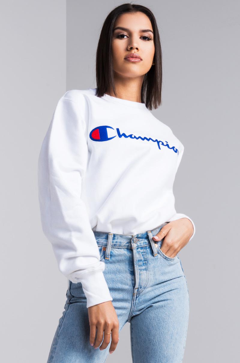 Download AKIRA Denim Reverse Weave Crew Sweatshirt in White - Lyst