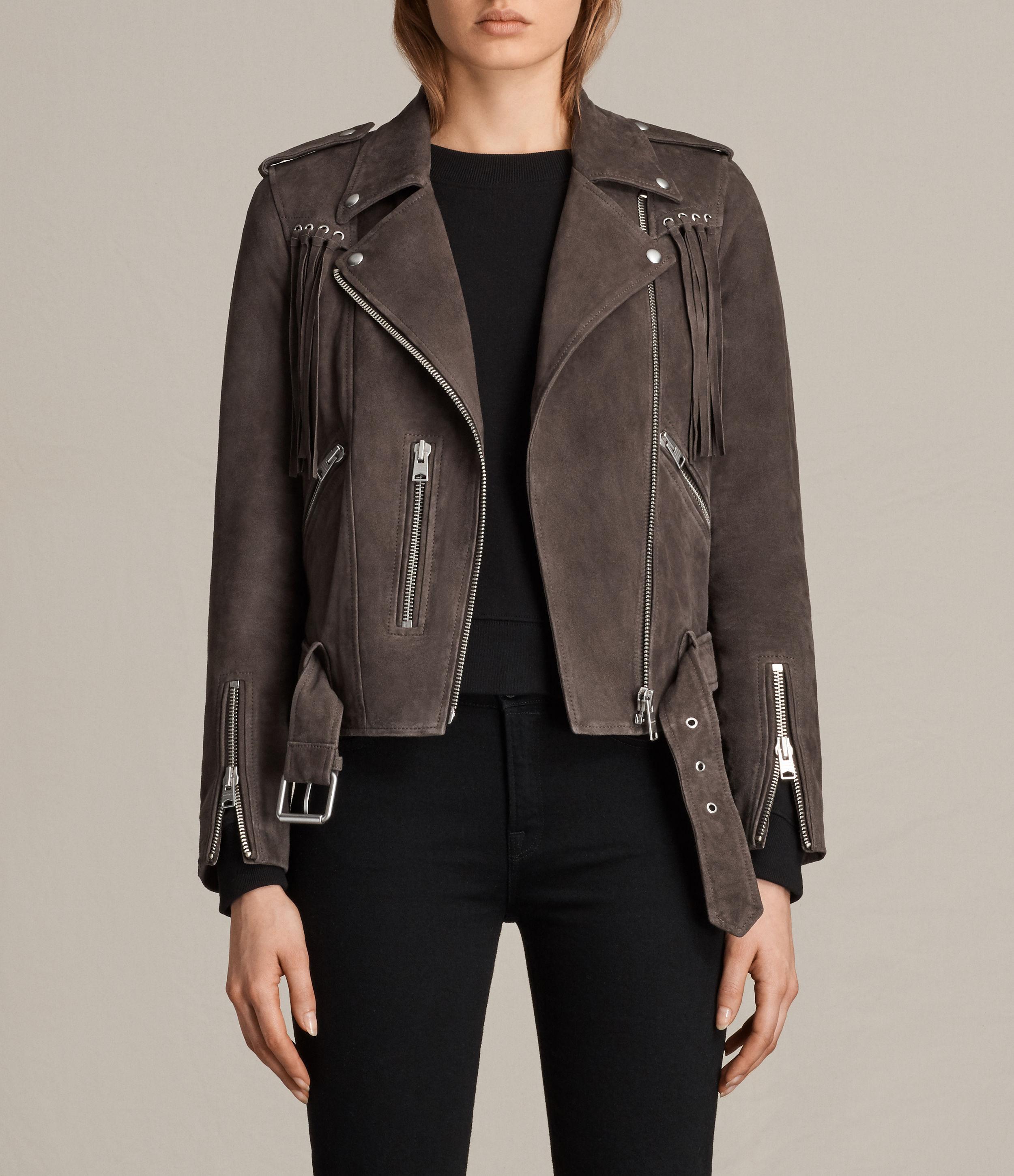 Lyst Allsaints Tassel Balfern Suede Biker Jacket In Gray Gallery