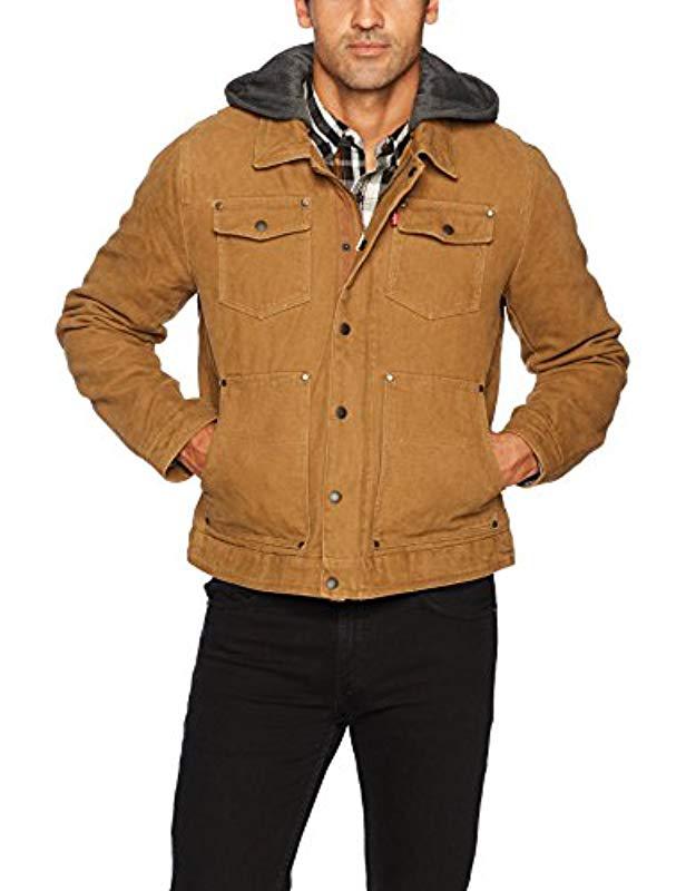 Lyst - Levi'S Cotton Canvas Trucker Jacket With Removable Hood in Brown ...