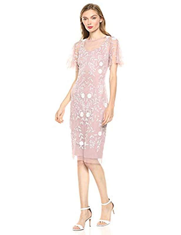 adrianna papell sequin beaded gown with flutter sleeves